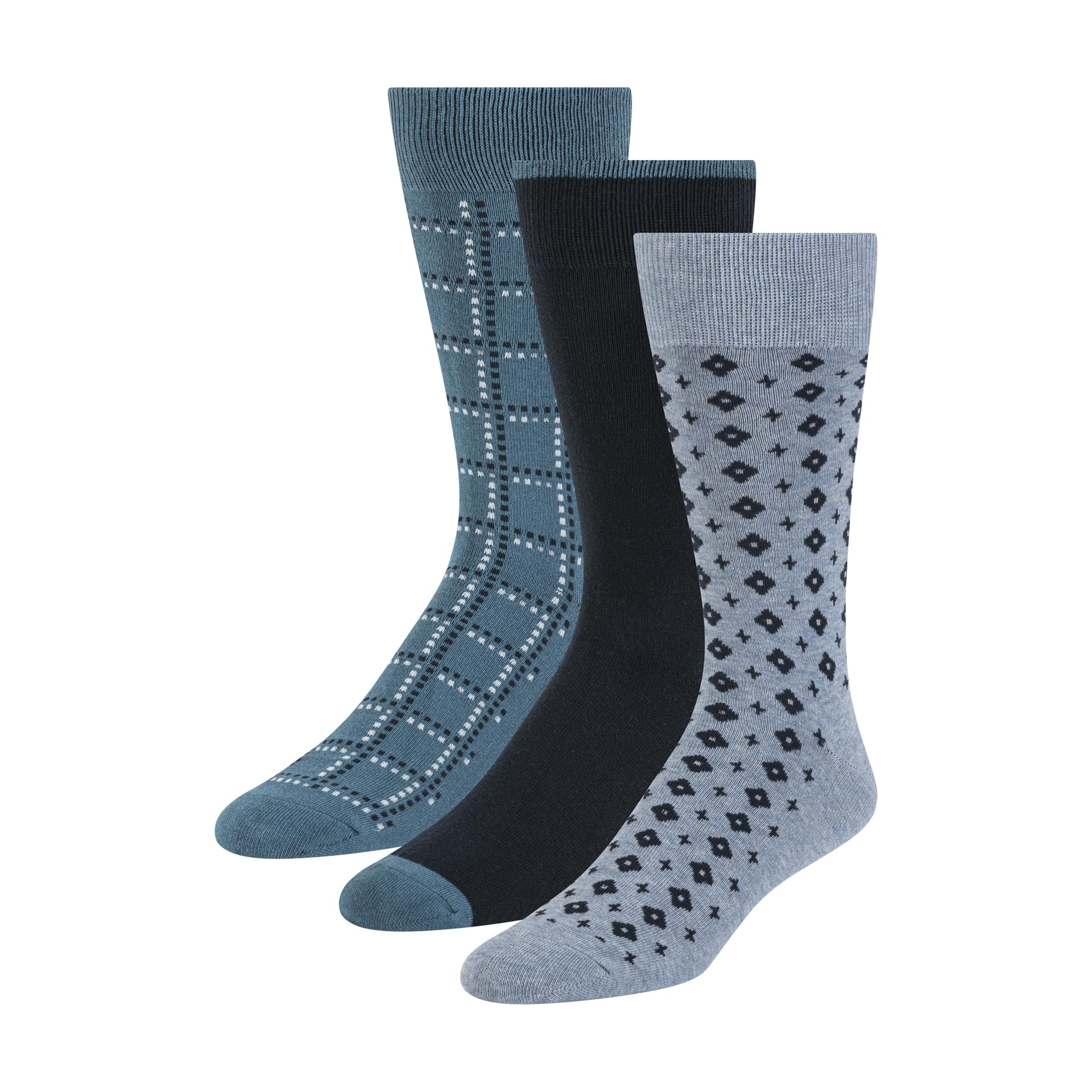 Ted Baker Men's 3 Pack Pattern Crew Dress Socks, Lt Denim Heather/Navy/Real Teal, One Size