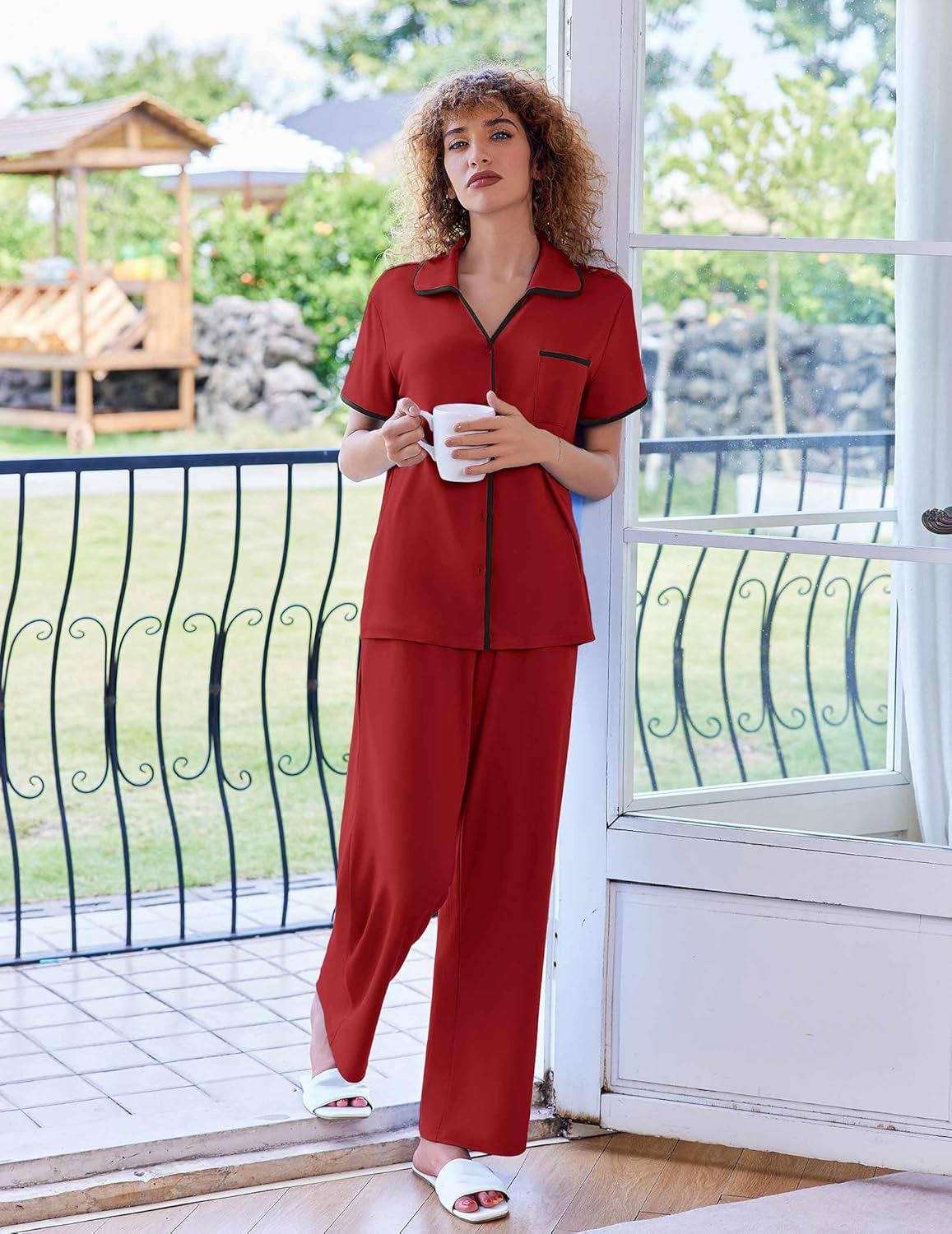 Ekouaer Women Pajamas Button Down Notch Collar Soft Short Sleeve Pjs with Long Pant Lounge Set - Image 6