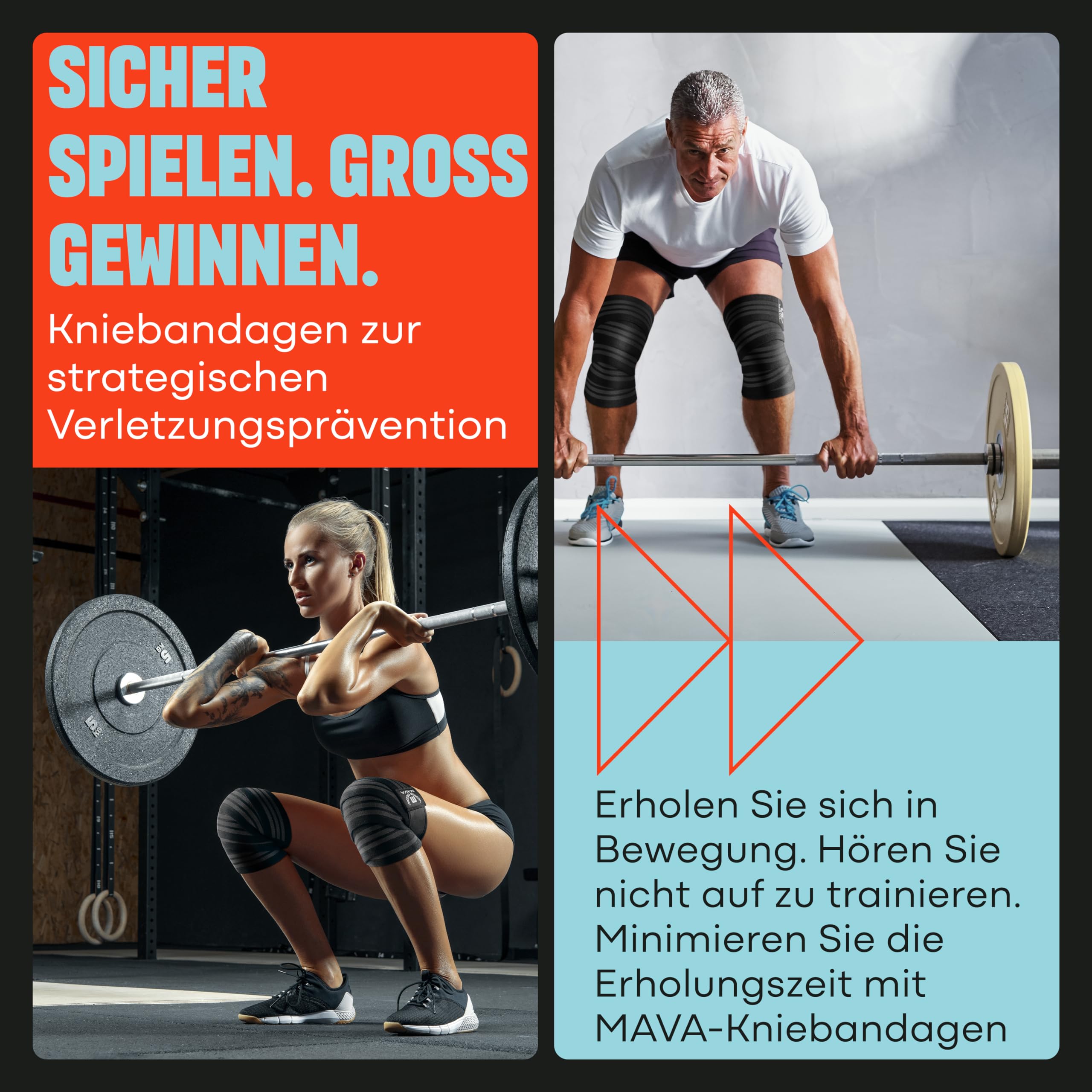 Mava Sports Kniebandage für Männer und Damen (Paar); Kniestütze für Cross Training, Gewichtheben, Powerlifting; 183 cm elastische Unterstützung