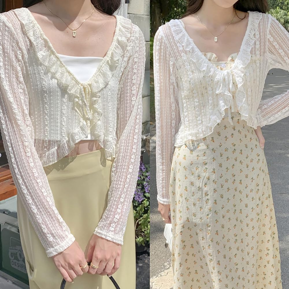 Cottagecore Clothes Women's Summer Long Sleeve Lace Cropped