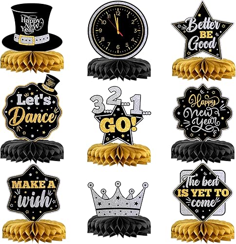 KatchOn, Decoraciones de centros de mesa de nido de abeja de Año Nuevo, paquete de 9  Suministros para fiesta de Año Nuevo 2024  Centros de mesa NYE