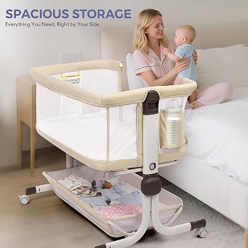 MOMFANN Baby Bassinet Bedside Sleeper, 6-Height Adjustment,Beige