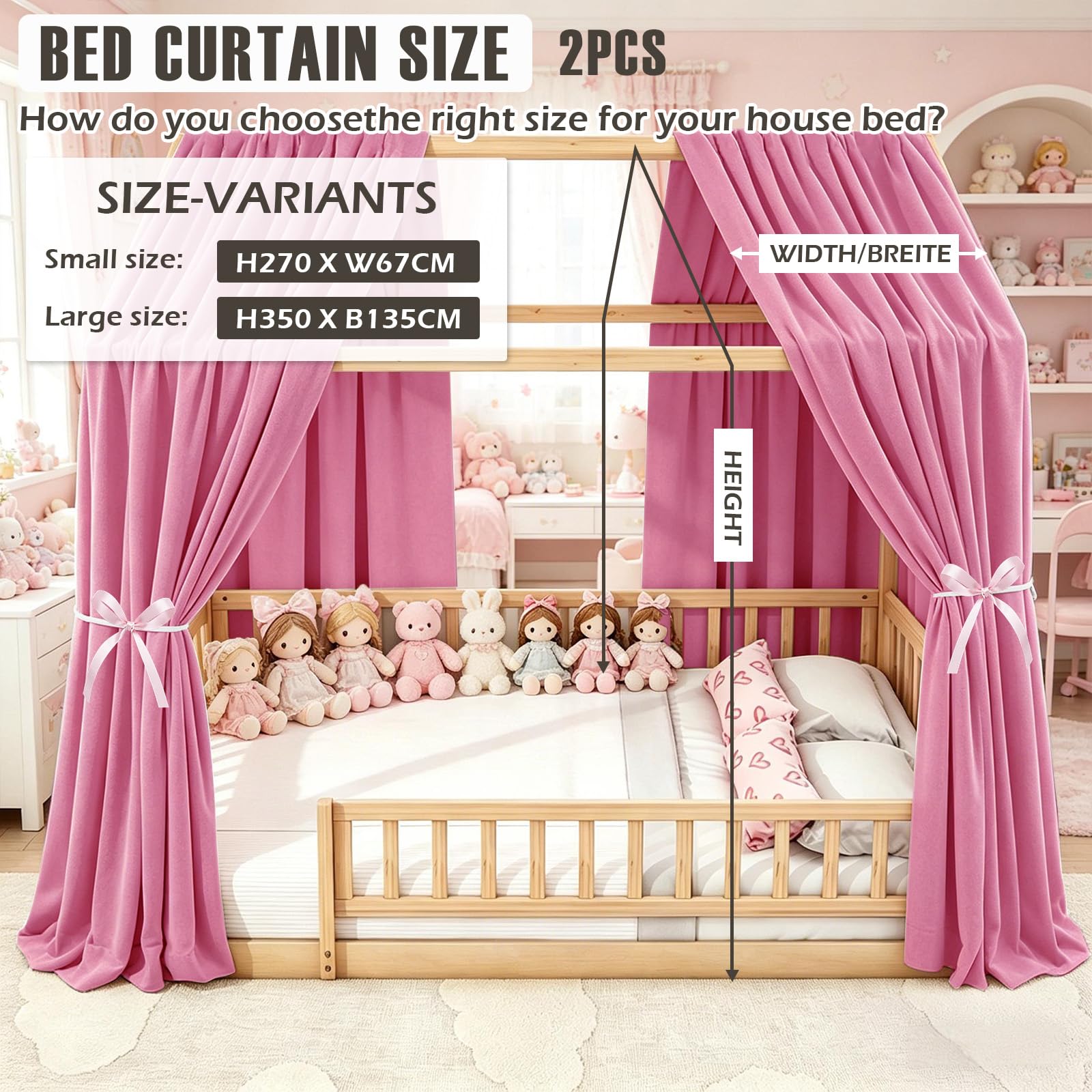 Dosel De Cama Casera Rosa, 2 Piezas Dosel De Cama Casera 270 x 67 cm, Cortinas De Dosel para Niñas Y Niños, Infantil Decoración Habitación Infantil