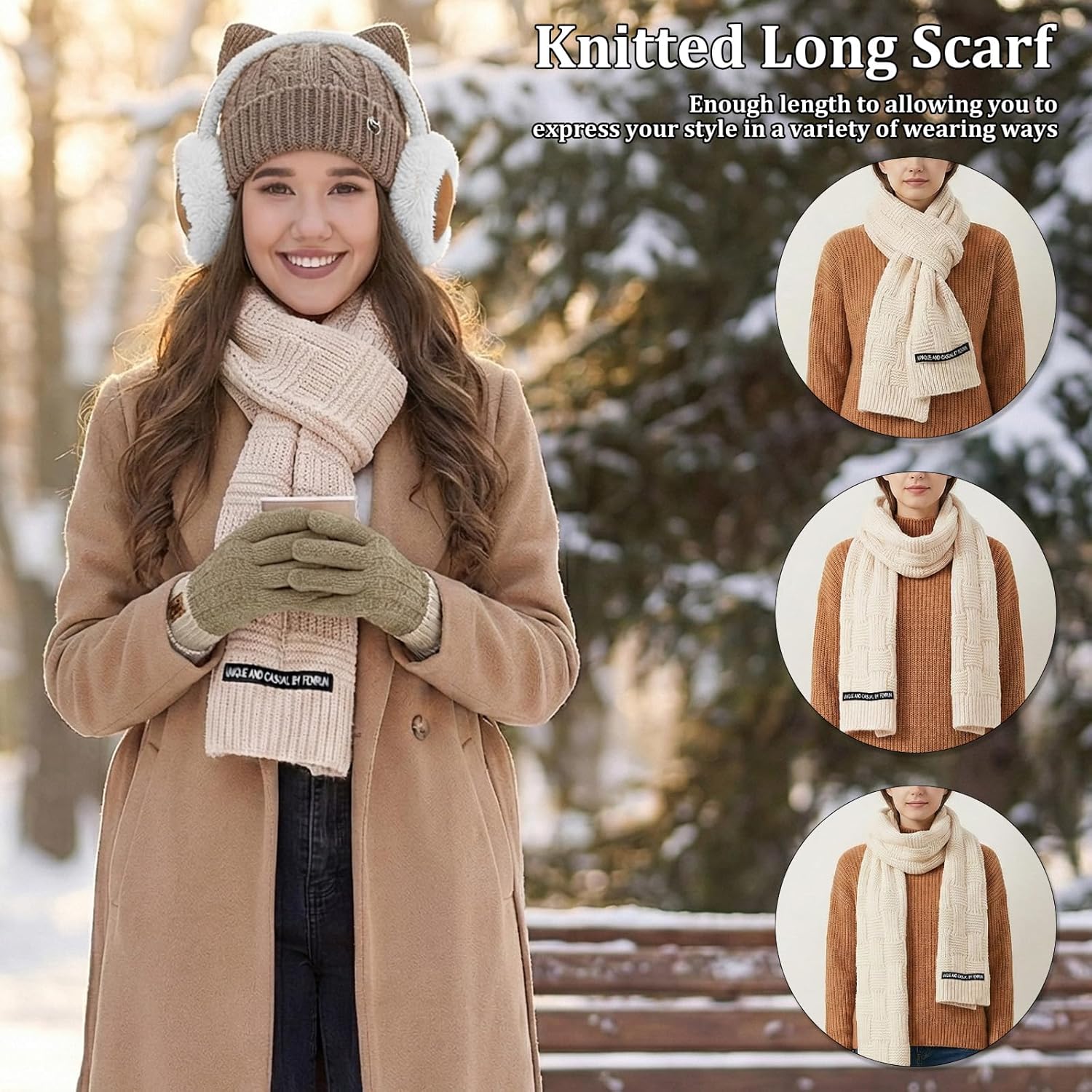 Hat Gloves Scarf Set Women - 4PCS Winter Knit Warm Beanie Hat, Touch Screen Gloves, Earmuffs, Long Knitted Plaid Scarf Set, for Winters Cold Weather, Travel, Skiing,Cosplay - Image 2