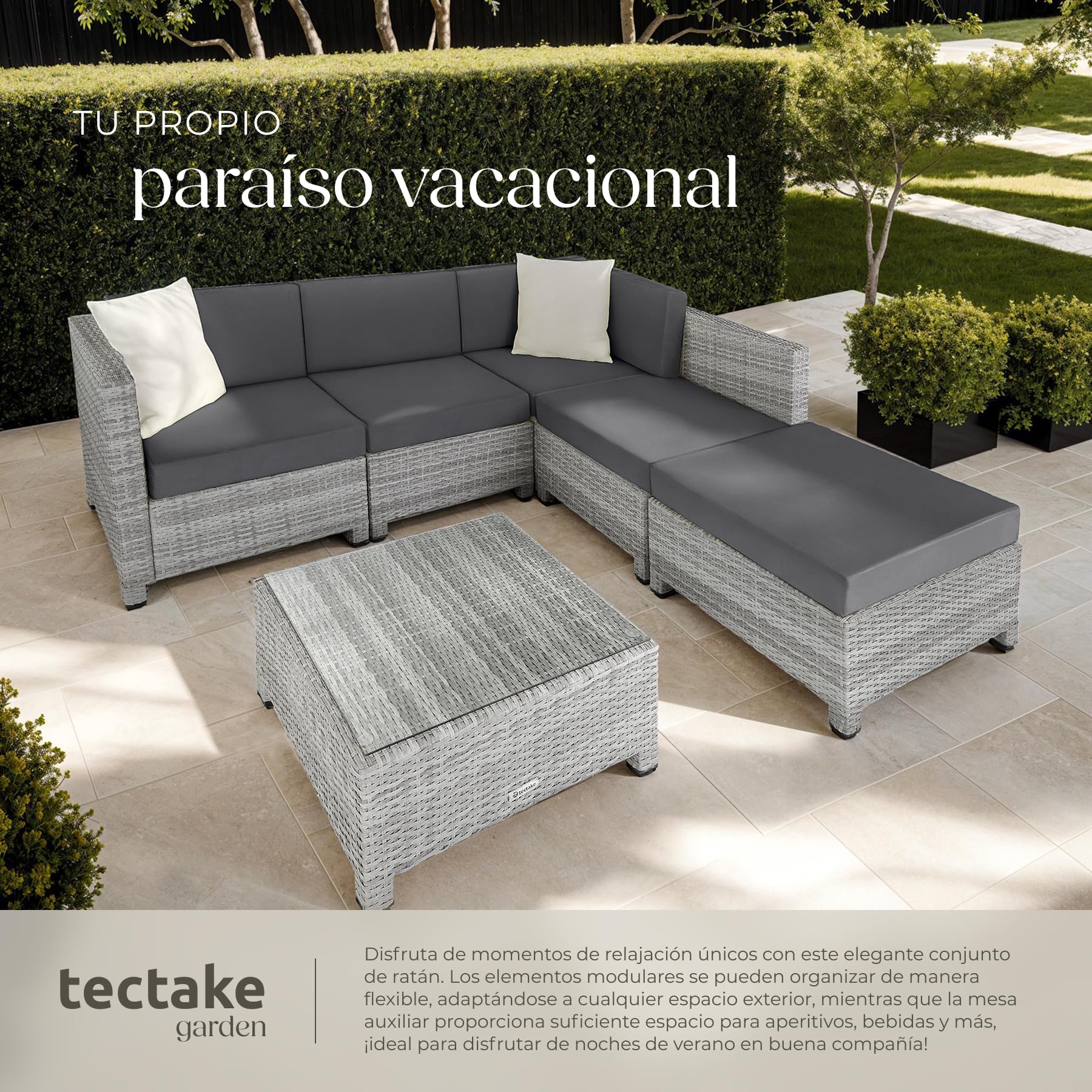 tectake® Conjunto Jardín de Ratán con Cojines y 2 Juegos de Fundas, Conjunto Terraza Resistente a la Intemperie, Muebles Jardín Exterior 4 Sillones, 1 Mesa, 1 Puf, con Tornillos en Acero - Gris Claro
