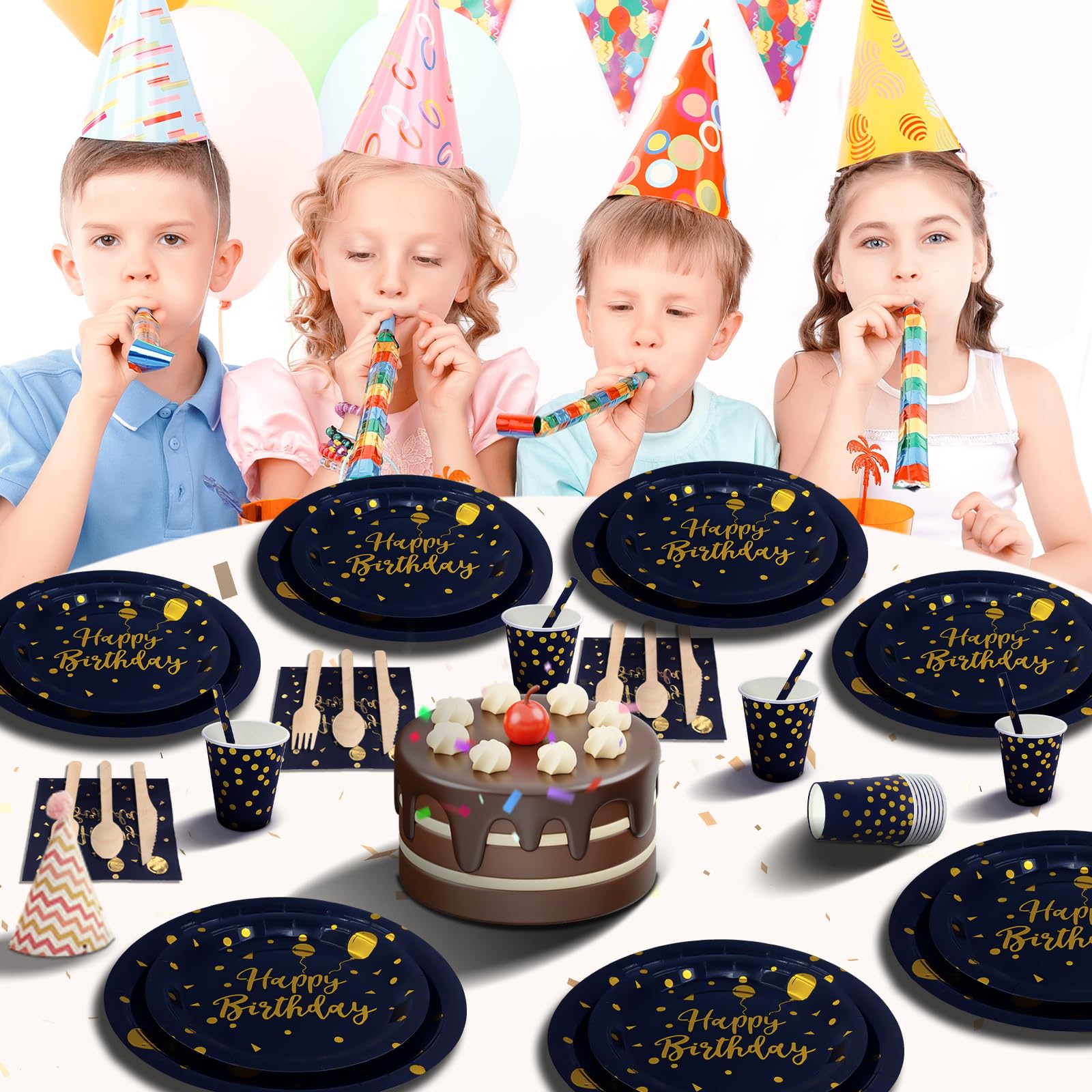 193 Pieces Happy Birthday Partygeschirr Set | Kindergeburtstag Marineblau Gold Pappteller | Tablecloth, Plates, Cups, Napkins, Papier Strohhalme und mehr (24 Gästes)