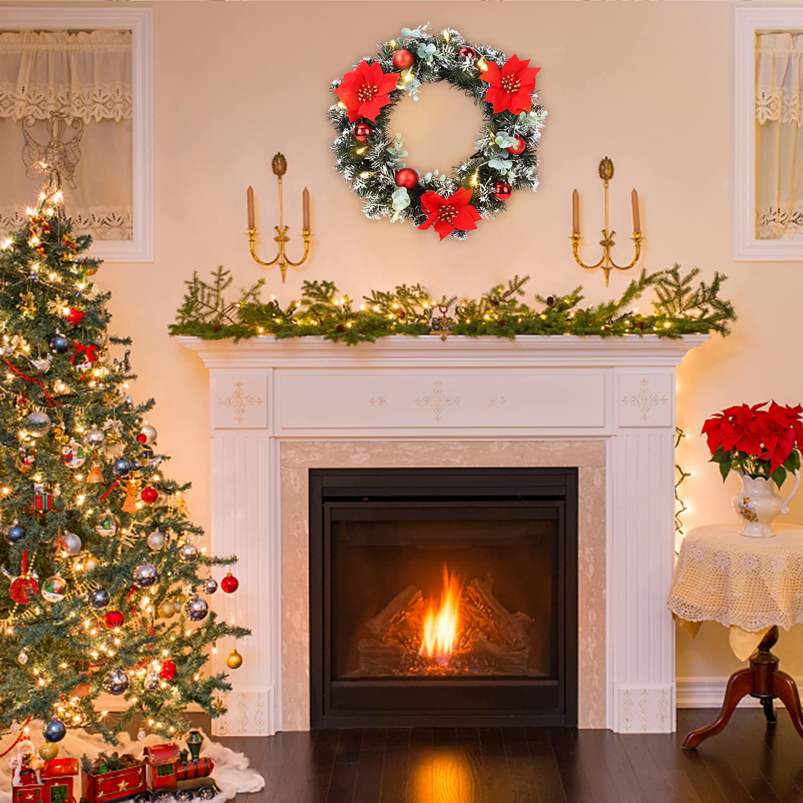 Guirnaldas navideñas con luces, Guirnaldas navideñas para puerta de entrada con Guirnalda navideña alimentada por batería Guirnalda colgante para puerta Decoraciones para el hogar de vacaciones Siver-