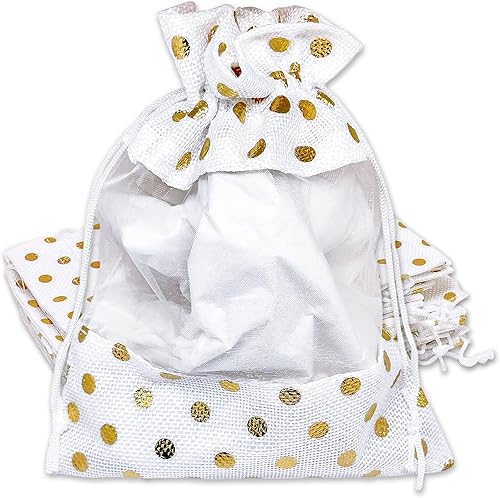 The Display Guys - Paquete de 12 bolsas de regalo grandes de lino y organza con cordones (6.5 x 8.5 pulgadas, lunares blancos y dorados)  Bolsa de
