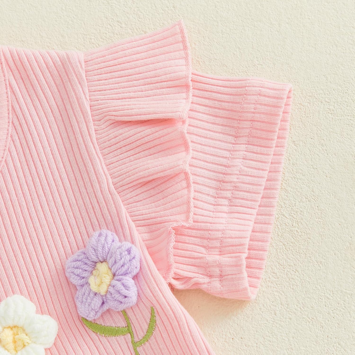 Toddler Girl Summer Outfit Infant Baby Crochet Flower Ruffle Short Sleeve Ribbed Knit Tops and Shorts Set For 0-3T