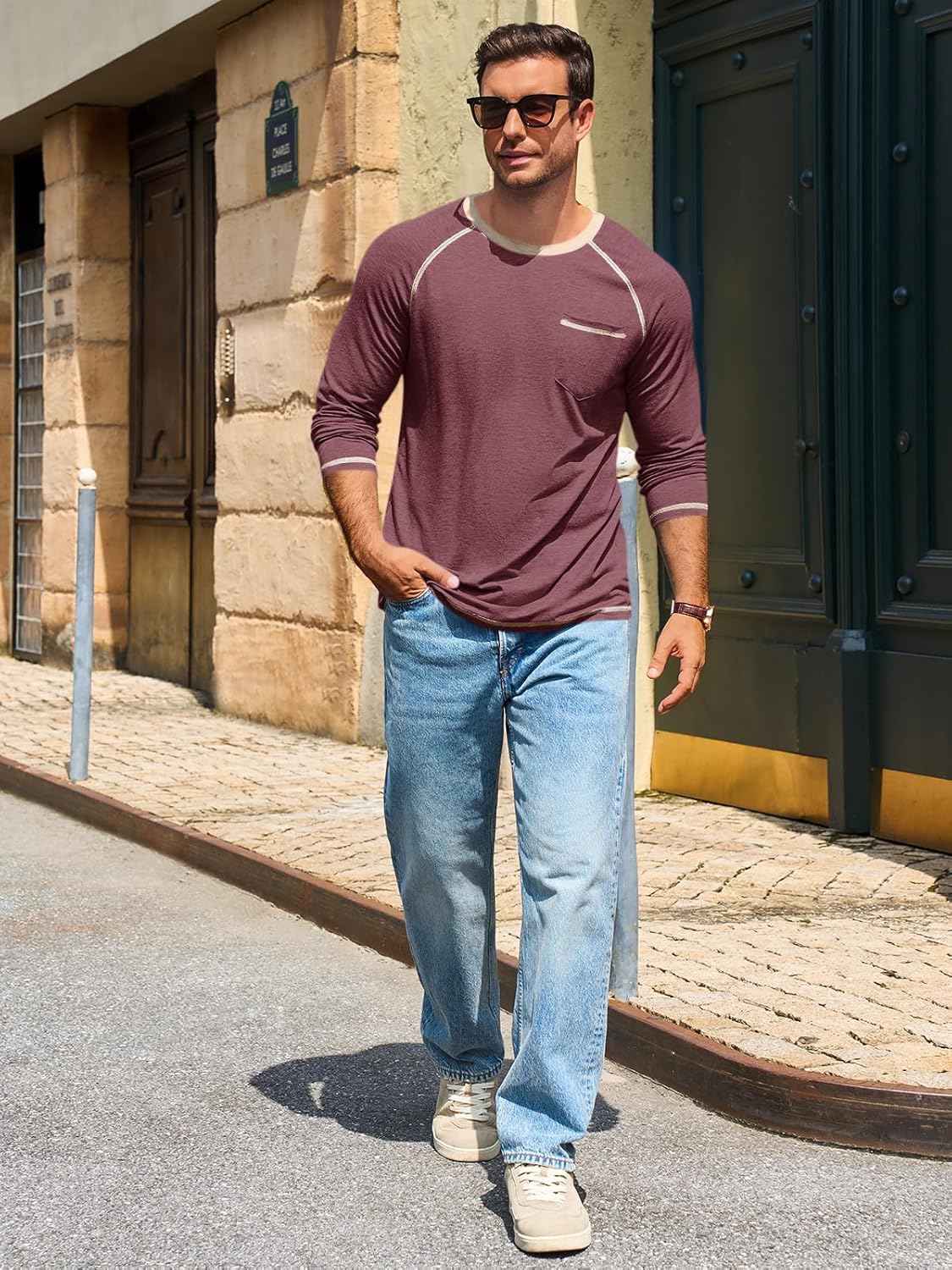 Runcati Mens Long Sleeve T-Shirt Casual Crewneck Shirts Basic Lightweight Vintage Tee Tops with Pocket - Image 5