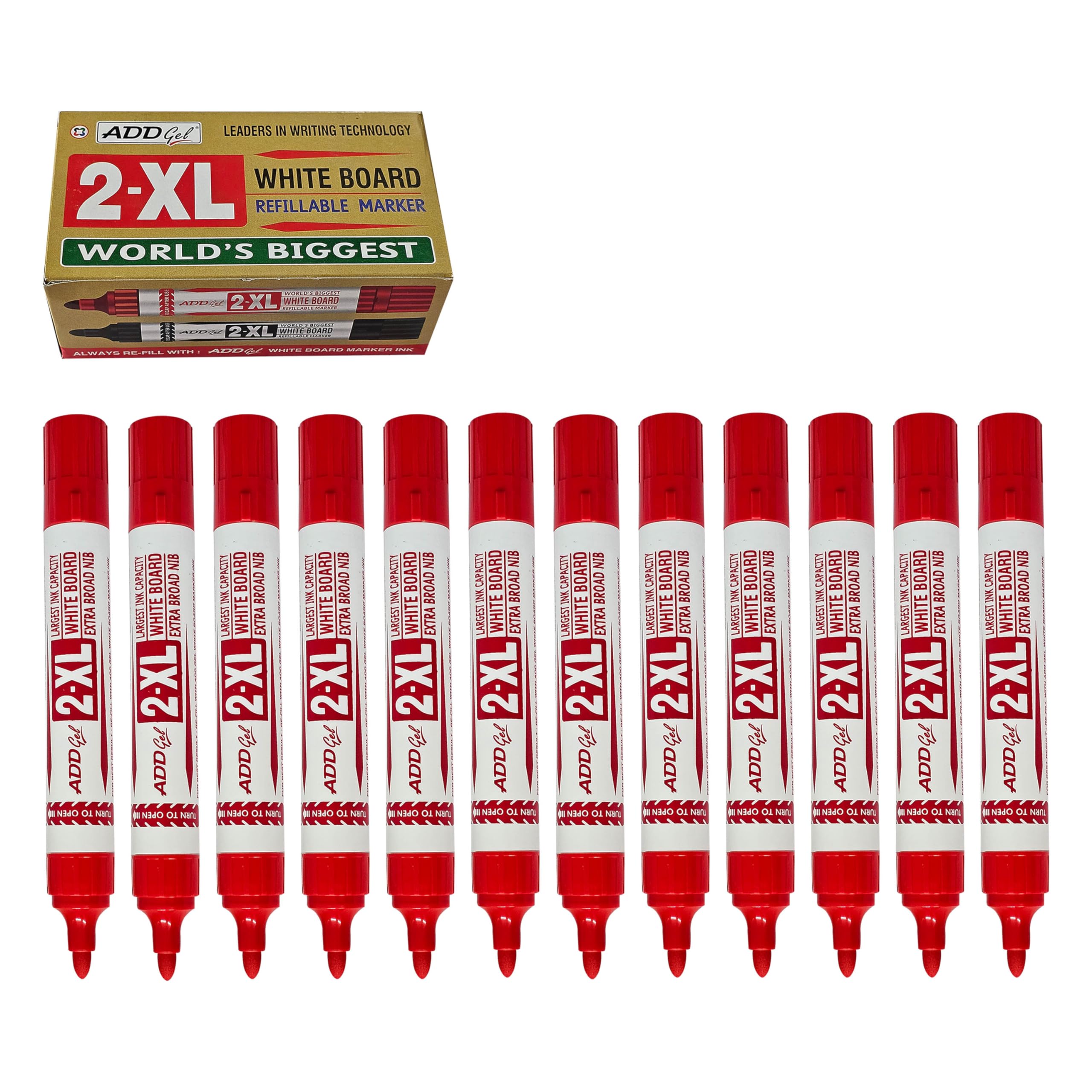 2-XL Jumbo Dry Erase Marker Pens, RED, Bullet Tip, Extra Broad Point, Pack of 12, Whiteboard Markers, School Office Home Use, iZOFAX Black Ball Pen