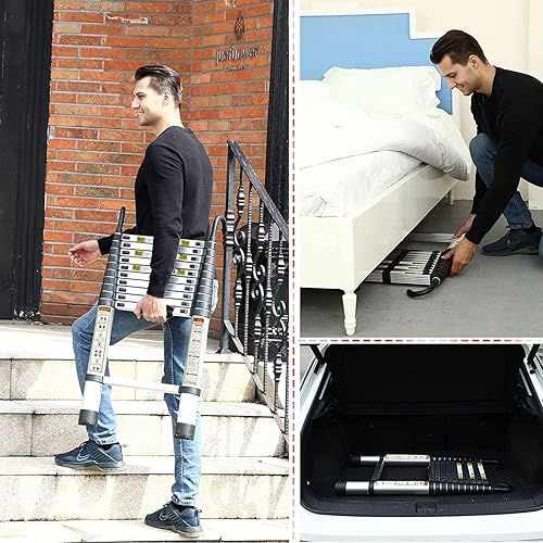 Miniatura 6 de Escalera telescópica RIKADE de aluminio de 6.5 pies con patas antideslizantes y gancho estable, escalera de extensión portátil para el hogar