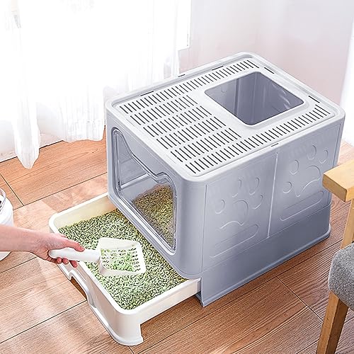 Miniatura 14 de Panghuhu88 Caja de arena plegable para gatos con tapa, inodoro grande para gatos, orinal cerrado con cuchara de arena, tipo cajón fácil de limpiar