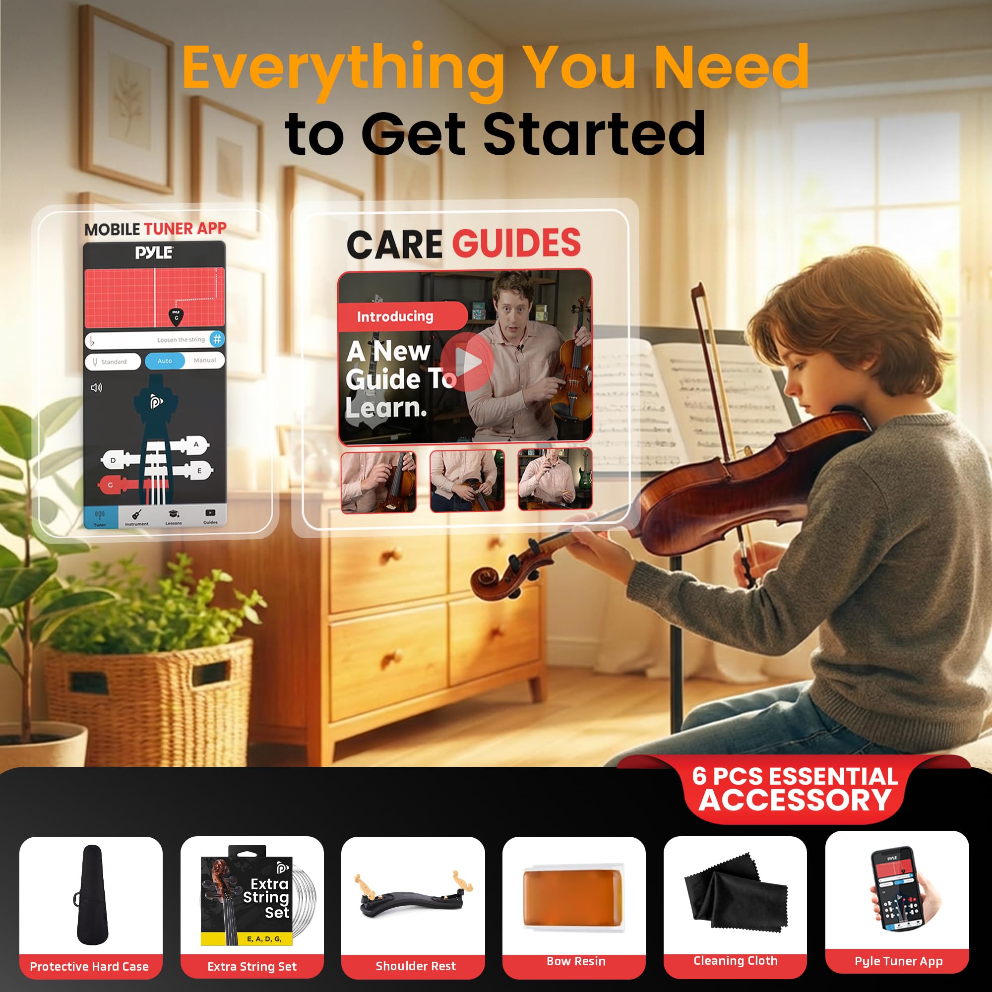 Pyle Kit per Principianti di Violino 1/4 con Custodia, Archetto, Corde Extra, Accordatore Digitale, Poggiaspalla e Panno per Pulizia, per Bambini e Adulti