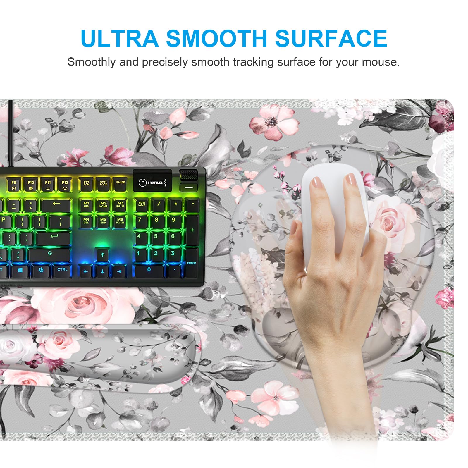 iCasso – Ensemble de tapis de souris gaming grand format 4 en 1 : tapis de souris XXL, repose-poignet pour clavier, repose-poignet pour souris et sous-verre, avec design ergonomique (Pink Floral)