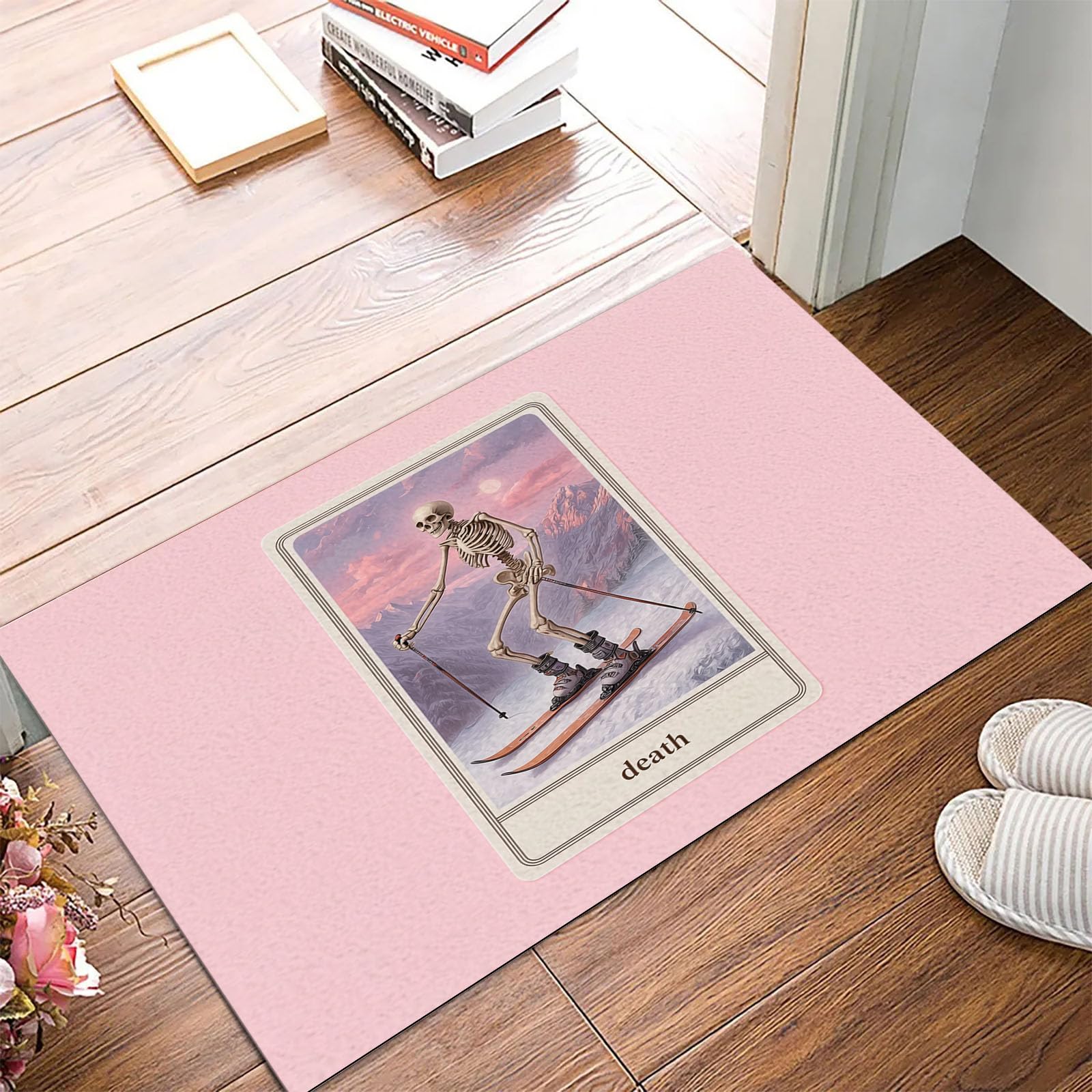 Paillasson crâne de skieur rose 50x80cm pliable et antidérapant