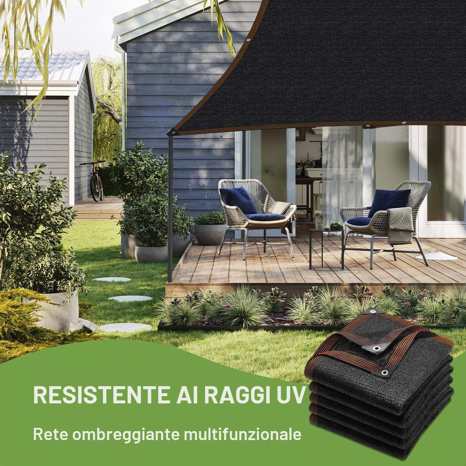 Rete di ombreggiatura 3 x 5 m, rete parasole per terrazze, giardino, 40% tenda parasole con occhielli, leggera e resistente, per balcone, pergolato, serra, giardino