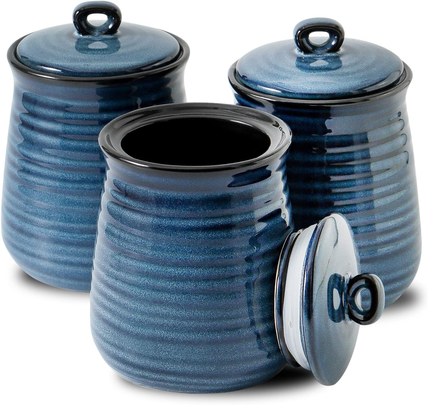 Hasense Ceramic Food Storage Jars Set of 3,25 Oz Kitchen Canisters with Airtight Lids, Coffee,Tea and Sugar Containers Farmhouse Decor for Kitchen, Blue