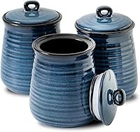 HASENSE Blue Ceramic Canisters Set of 3 - 25oz Airtight Kitchen Jars for Coffee Tea Sugar, Farmhouse Storage Decor