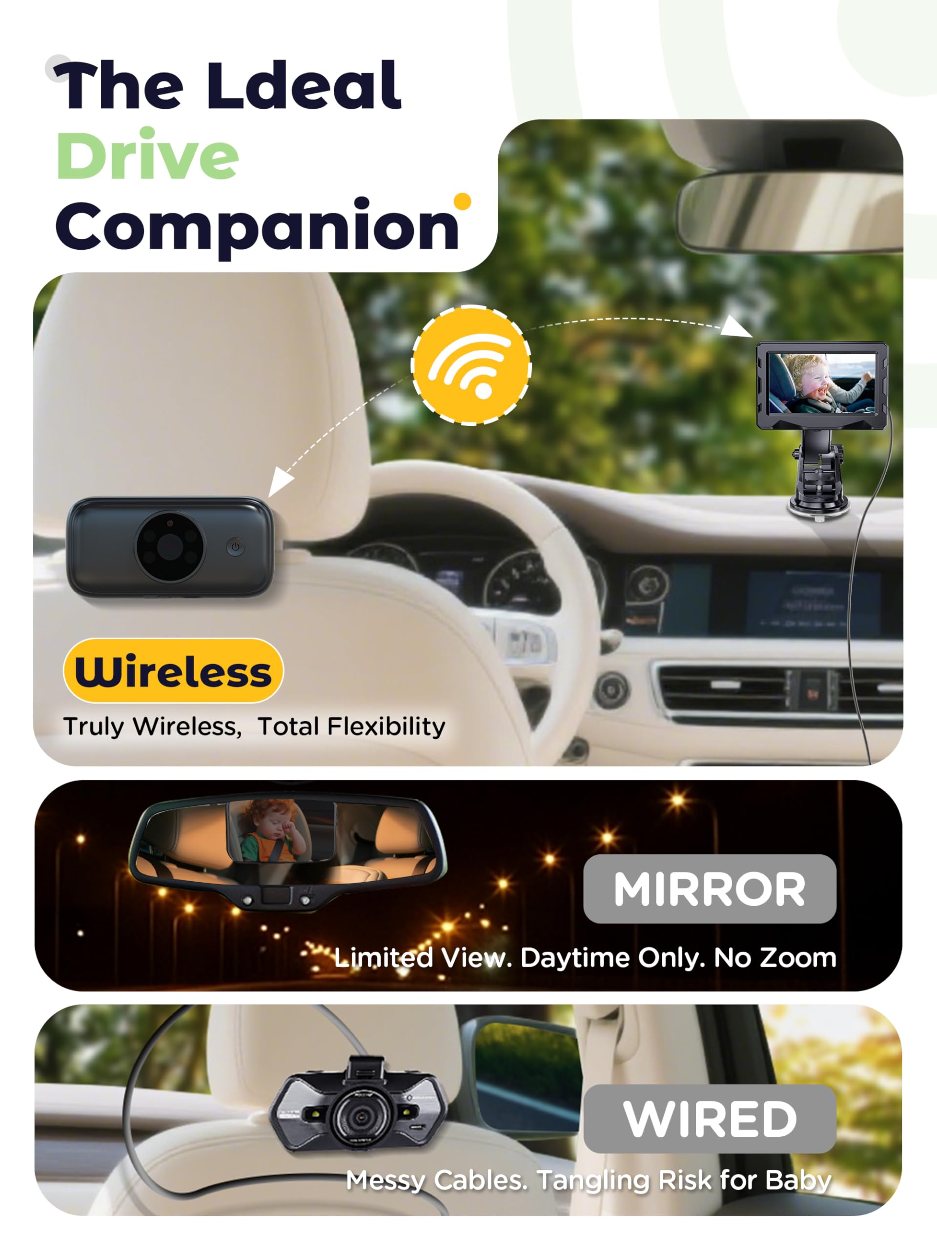 Cámara de bebé inalámbrica para coche HD 1080P, espejo de coche con visión nocturna, batería de 10000 mAh, pantalla HD de 4,3 pulgadas