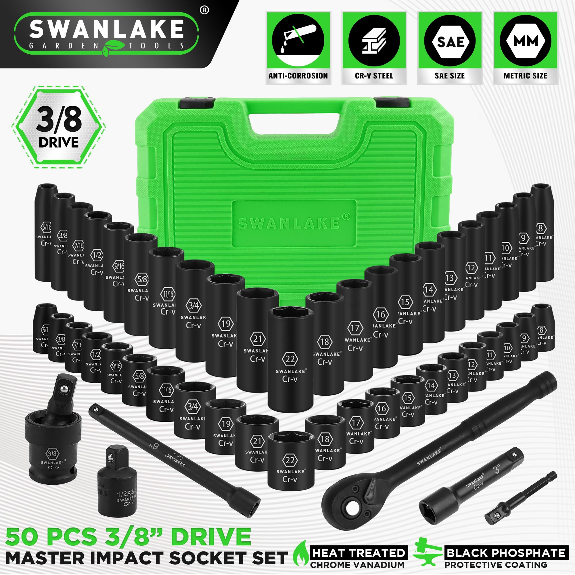 SWANLAKE - Set di chiavi a bussola da 3/8", 50 pezzi, standard SAE (5/16 a 3/4") e metriche (8-22 mm), 6 punti, Cr-V, impugnatura a cricchetto da 3/8", barra di estensione, giunto universale