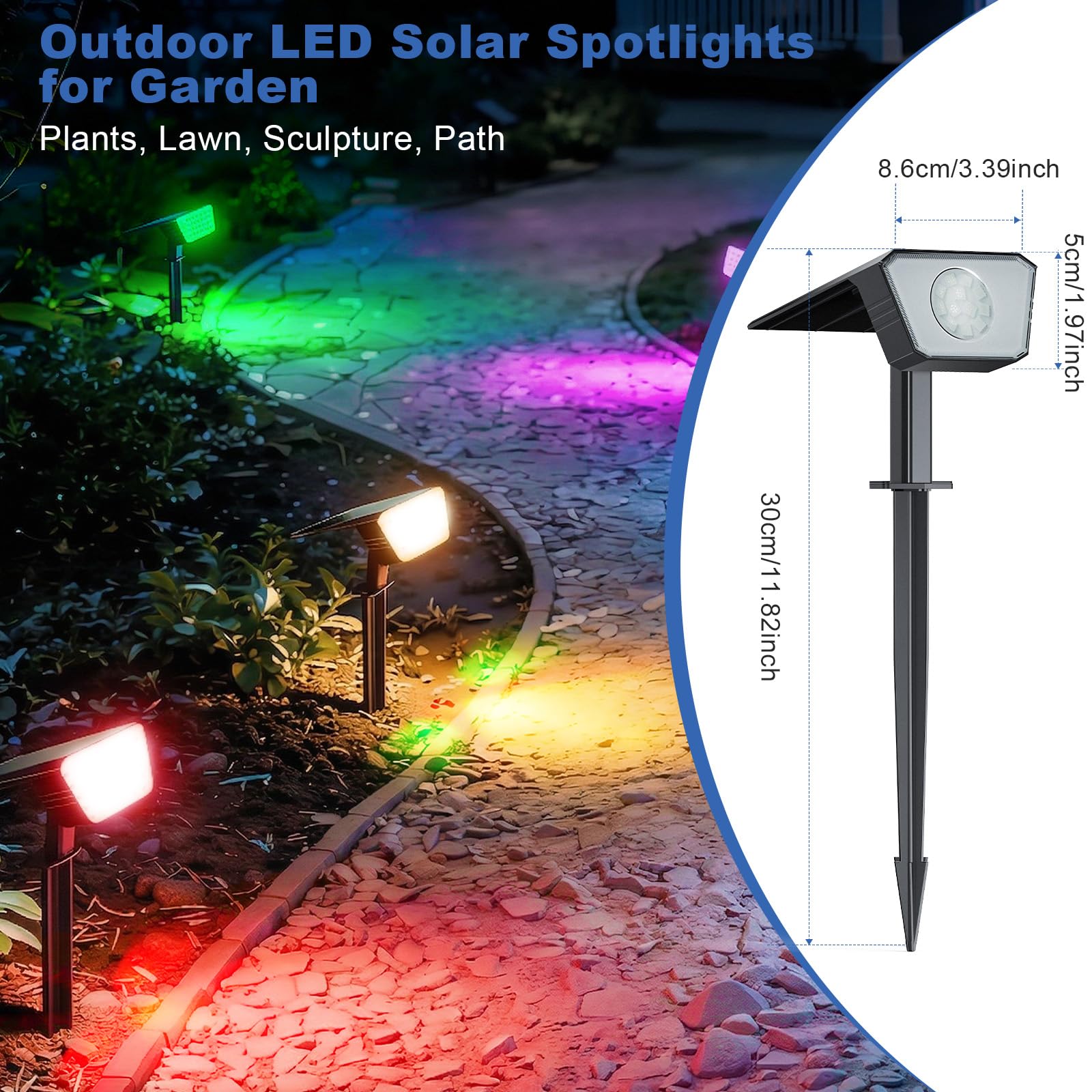 FIFlying Luces Solares LED Exterior Jardin 4 Piezas, 12 LED Focos LED Exterior Solares, 8 Modos Impermeable IP67 Foco Solar para Patio, Caminos, Terraza, Calzada, Piscina, Césped - Multicolor