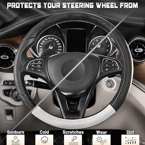 Miniatura 103 de SEG Direct Funda universal para volante de automóvil, de 15 pulgadas, piel de microfibra, color blanco y gris Negro y gris