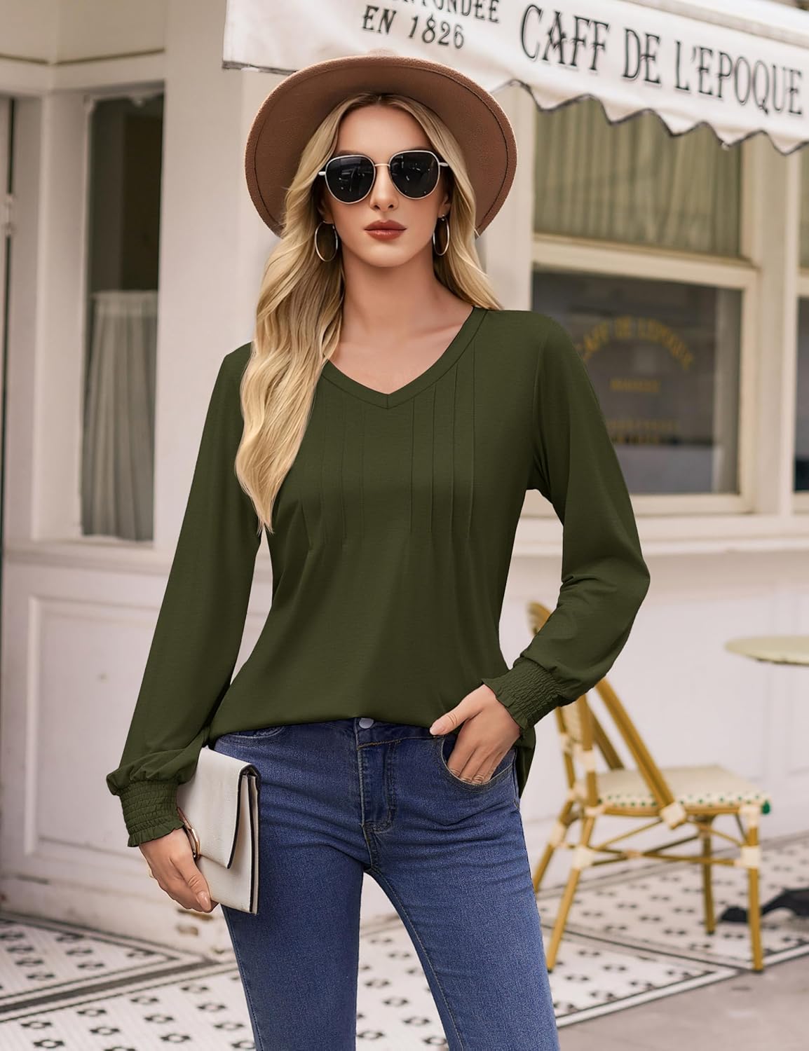 YUCOLEN Womens Long Sleeve Shirt V Neck T Shirts Pleated Dressy Casual Blouses Ruffle Cuffs Loose Tunic Tops - Image 5