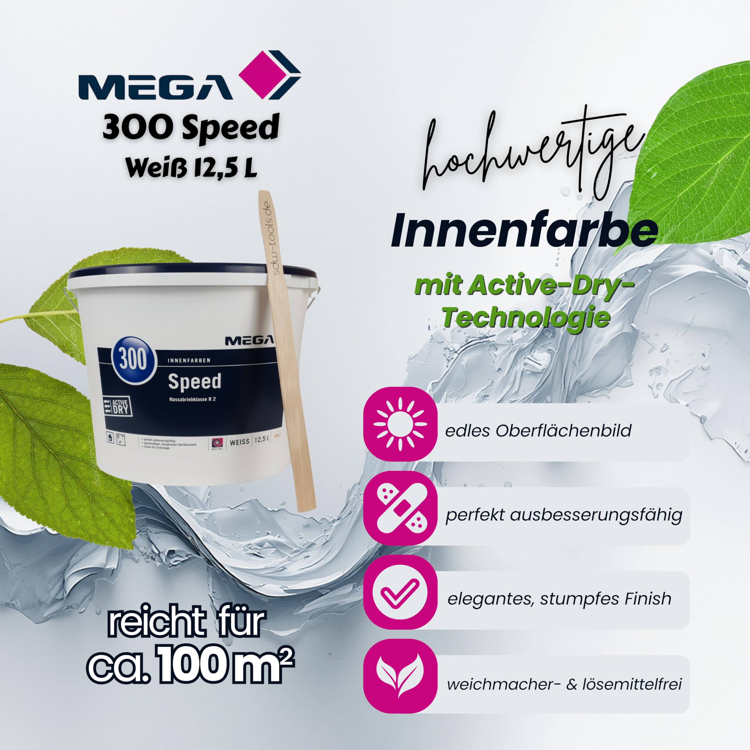 MEGA 300 Speed Wandfarbe Weiß 12,5L inkl. sdw-tools-Rührholz - Innenfarbe | Deckkraftklasse 1 | Scheuerbeständig | Profi-Wandfarbe für streifenfreie Wände & Decken | Weichmacher- & Lösemittelfrei