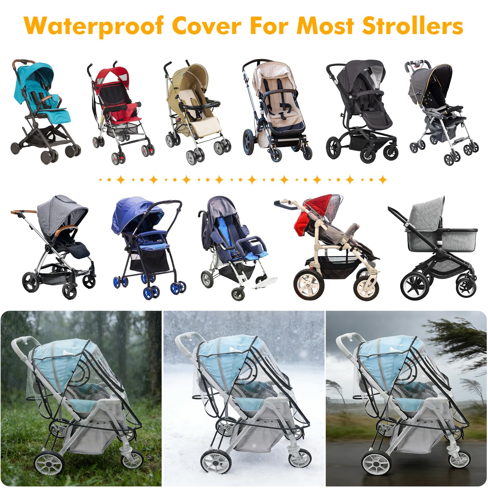 Stroller Rain Cover, All Seasons Protection for Walking, Camping, Universal Baby Travel Gear, Transparent Stroller Poncho, Baby Stroller Weather Shield for Outdoor Protection from Rain, Snow, Wind & Dust - 5