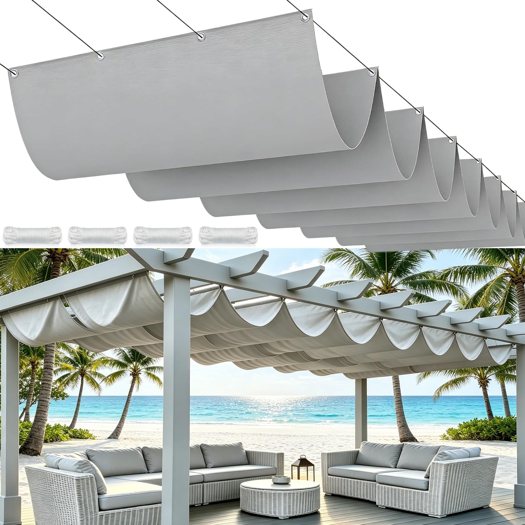 Voile ombrage rétractable vague gris clair pour embellir et rafraîchir votre terrasse
