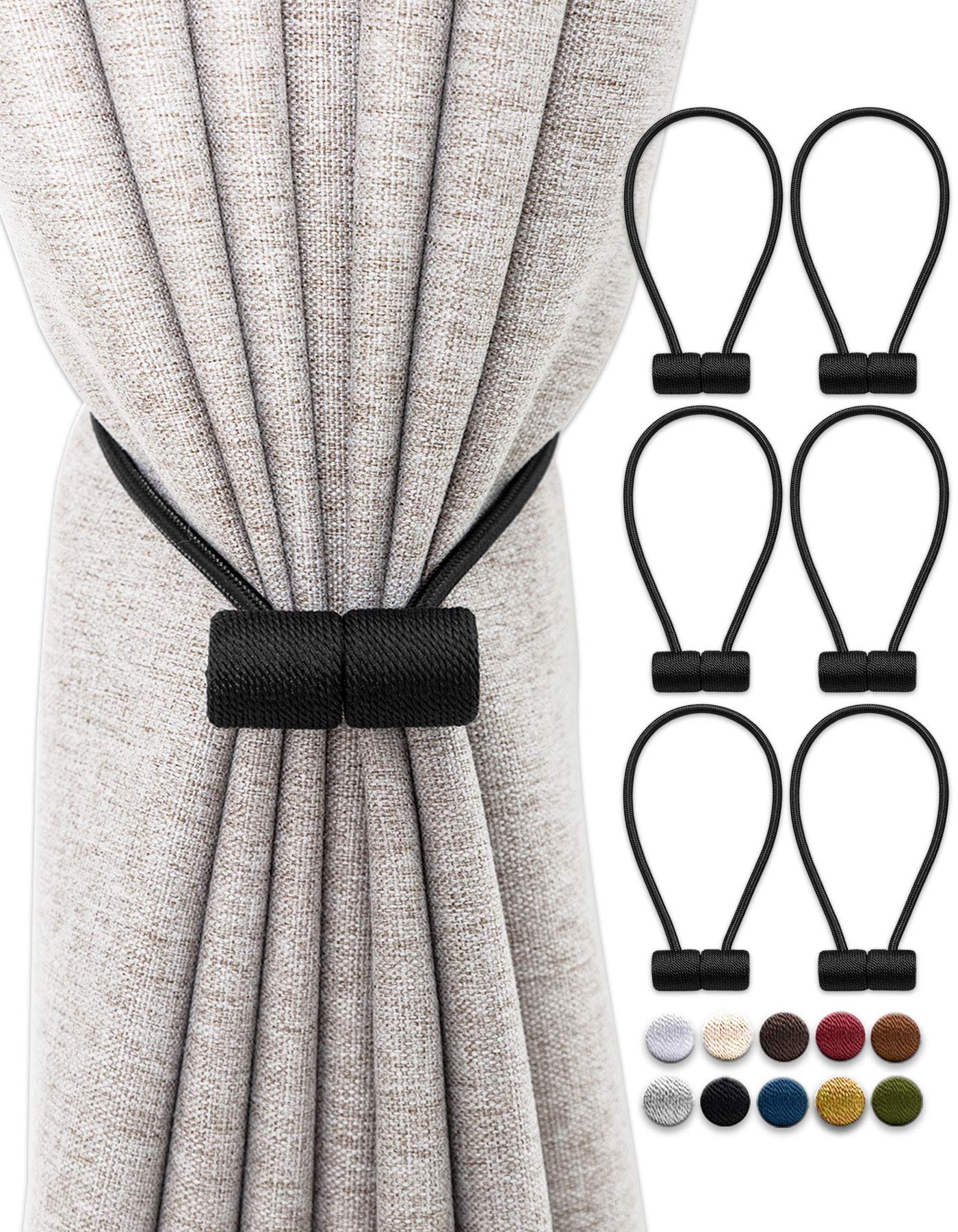 OUdini Curtain Tiebacks, Drapery Tiebacks Curtain Holdback Rope Curtain Holder Buckles for Blackout/Sheer Window Treatment/Black/6Pcs