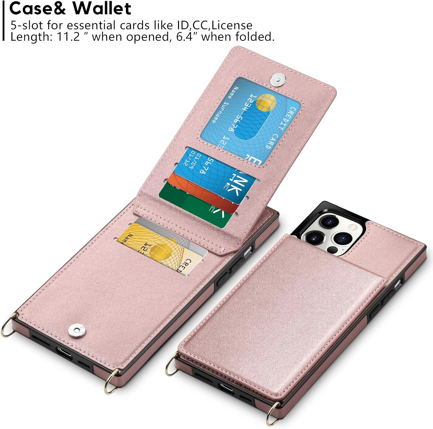 Vofolen for iPhone 12 Pro Max Case Wallet with Card Holder Crossbody Lanyard Strap Magnetic Clasp Heavy Duty Protective Leather Flip Folio Wallet Case for iPhone 12 Pro Max for Women Rose Gold - Image 2