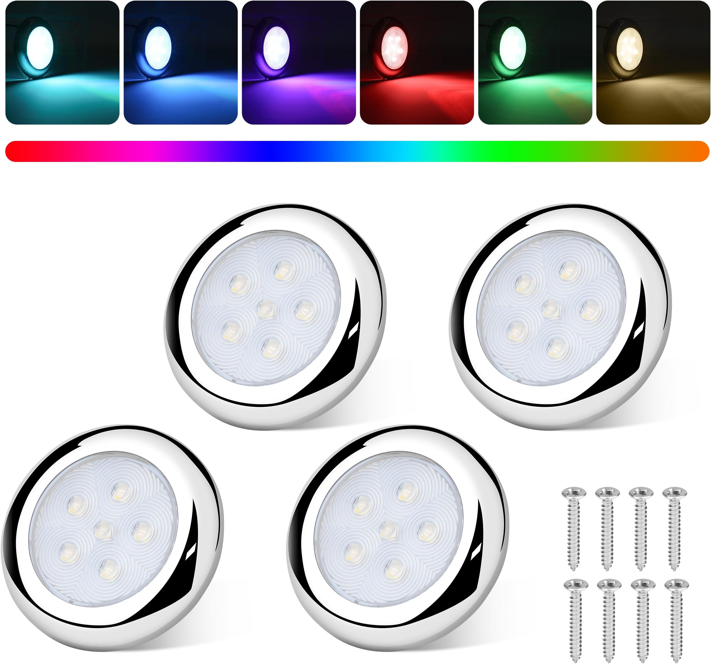3inch RGBW Boat Courtesy Lights, IP68 Waterproof Stainless Steel Boat Interior Exterior Deck Cabin Transom Cockpit T Top Marine Led Light for Fishing Pontoon Bass Sailboat