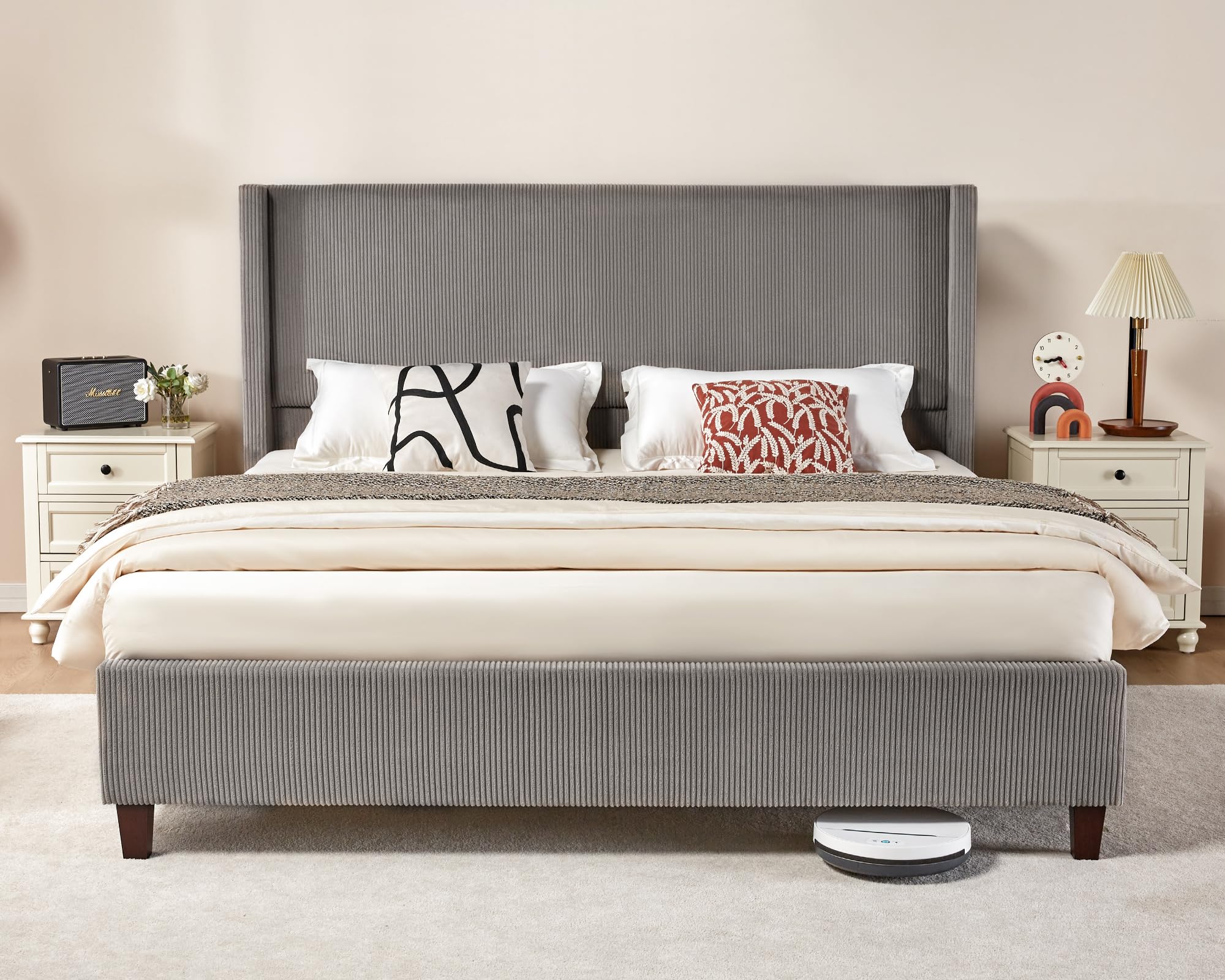 VanAcc Queen Size Platform Bed Frame, 50.8" Corduroy Upholstered Bed with Vertical Channel Tufted Headboard/Wooden Slats/Wingback/No Box Spring