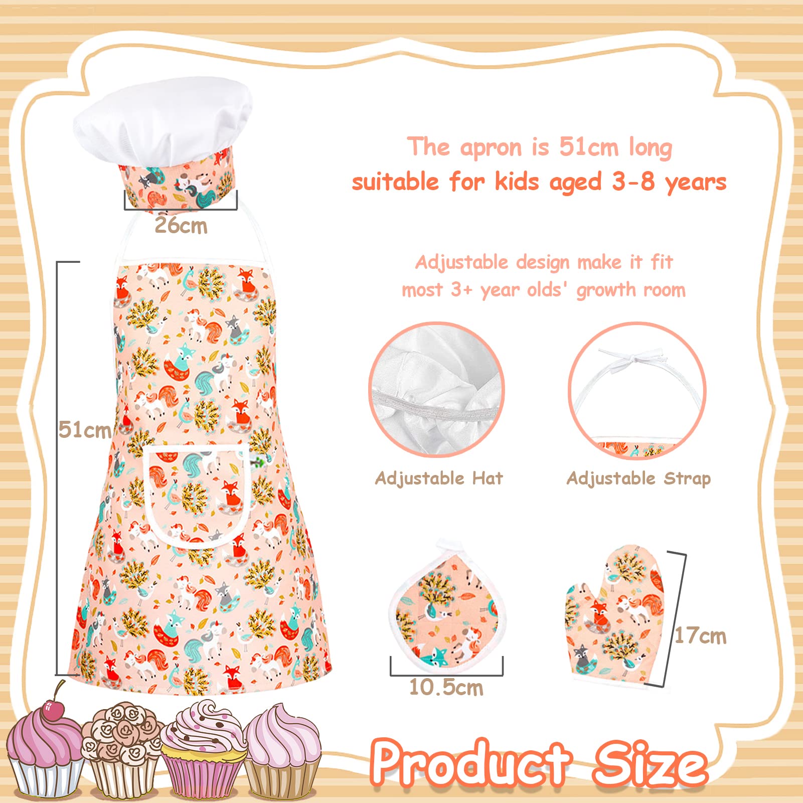 KAEGREEL Set de Cocina Juguetes con Delantal Unicornio, 26Pcs Hornear Accesorios Cocinita Infantil con Gorro Cocinero Cucharas Batidora, Disfraz Cocinero Regalos para Niño Niña 3+ Años (Naranja)