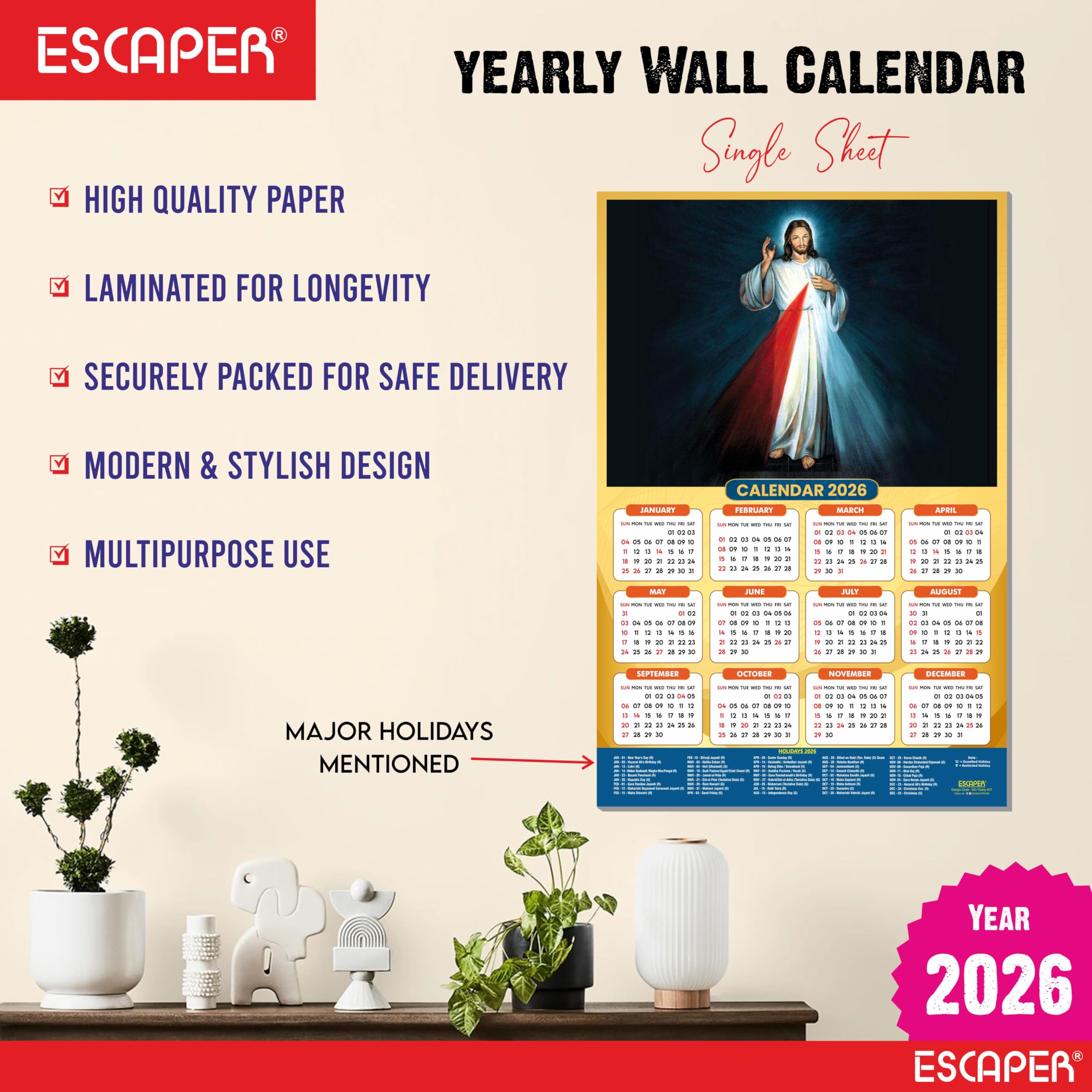 ESCAPER Calendario de pared de Jesús 2026, calendario cristiano laminado de 12 x 18 pulgadas, día festivo indio, decoración religiosa de Isa Masih para el hogar y la oficina