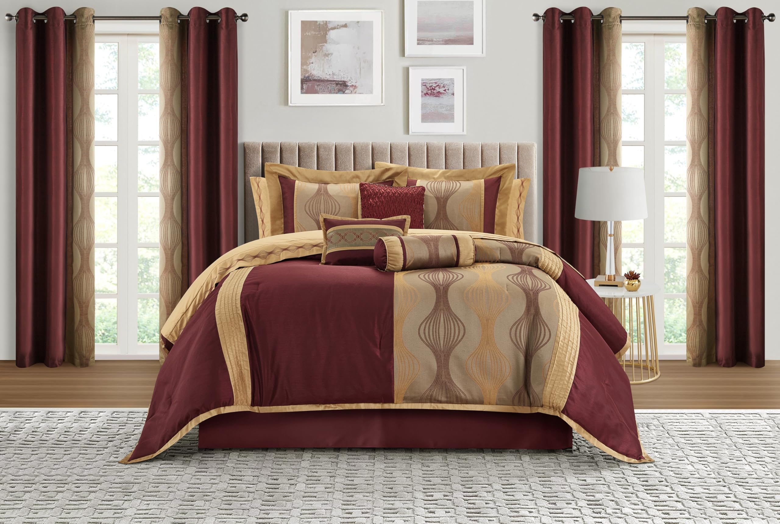 Stratford Park Elegant Wine Gold Comforter Set Queen Size, Striped,15 Piece Room-in-A-Bag, Jacquard Bedding Set, All Season, Matching Decorative Pillows, Pillow Sham, Curtains