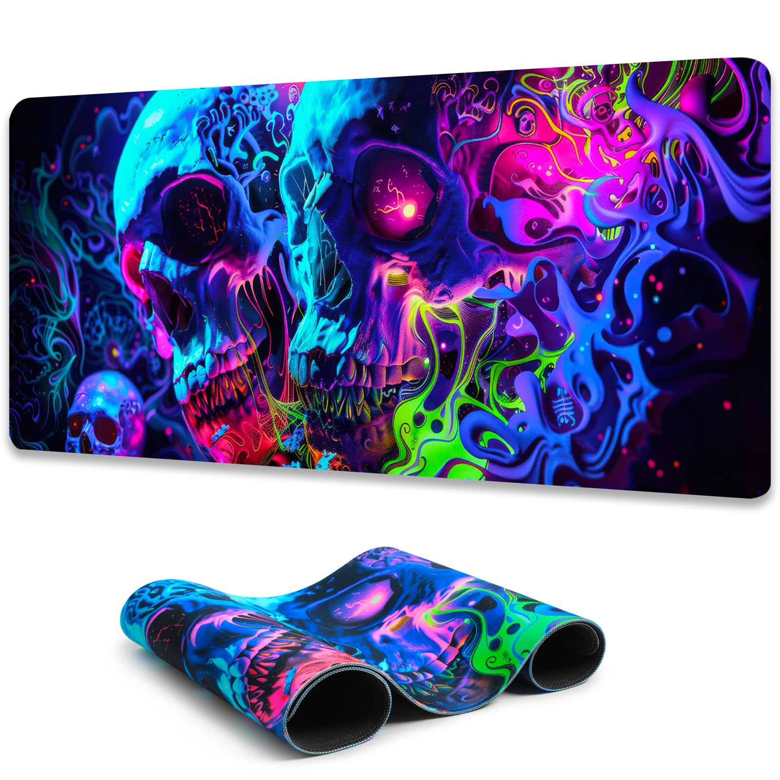 Simpkeely Horror Skull Mouse Pad, Large Waterproof Blacklight Colorful Skeleton Neon Gaming Non-Slip Rubber Base Mousemat, Glow in The Dark Abstract