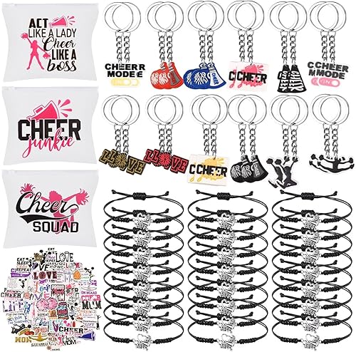 EllaYIDOI 122 piezas de regalos de animadora, 24 pulseras de animación, 24 llaveros de animación, 24 cremalleras, bolsa de maquillaje portátil para