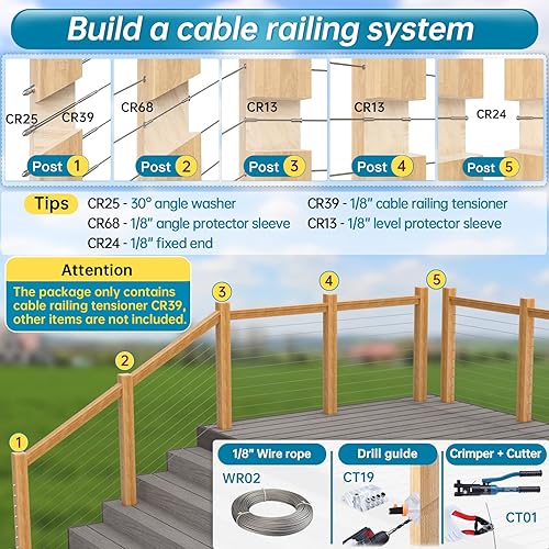 Miniatura 6 de Muzata Paquete de 30 barandillas de cable de 18 pulgadas, tensor roscado a mano, 4x4, 2x2, poste de metal de madera, T316, cubierta de escalera,
