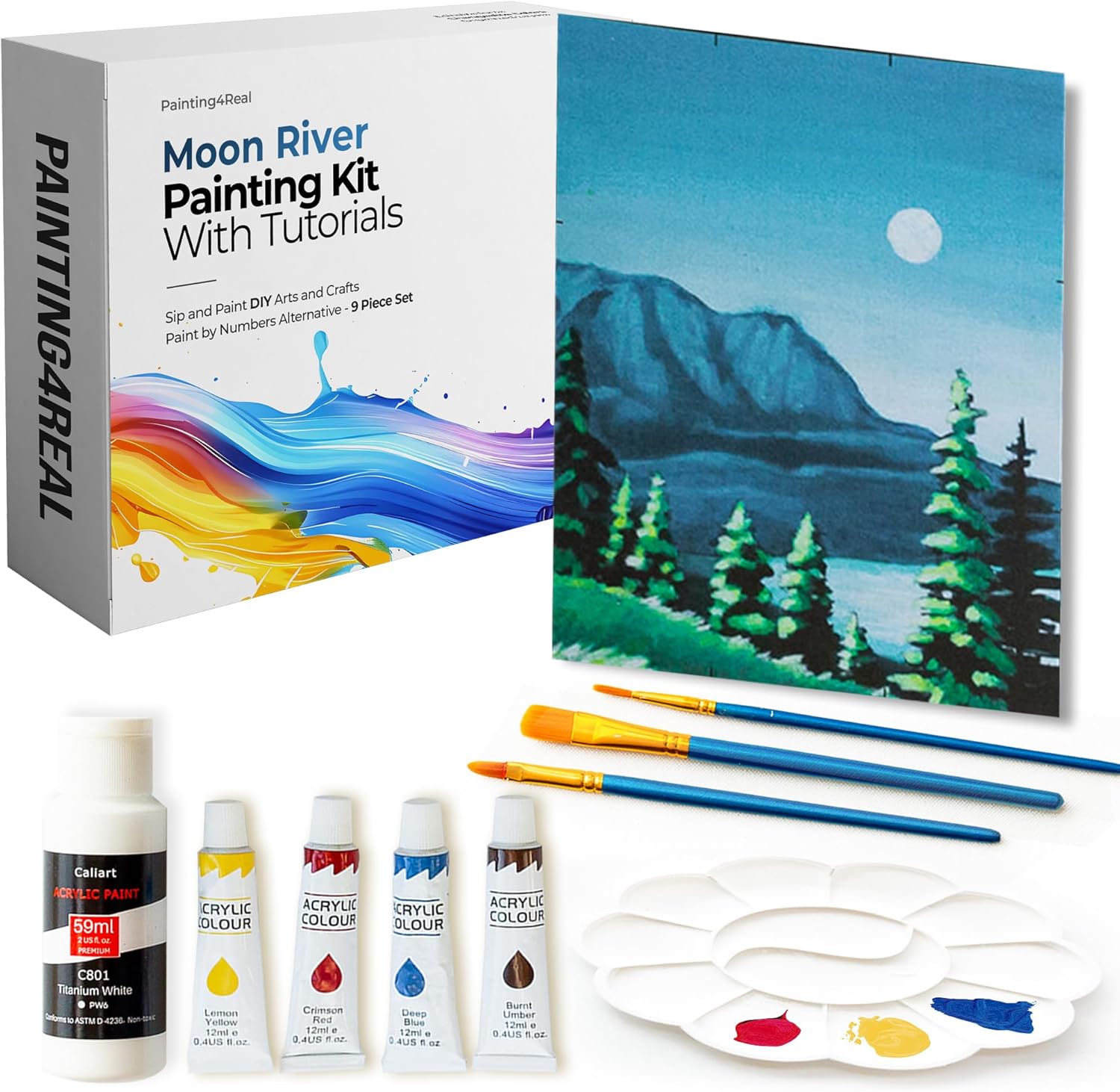 Painting4Real DIY Art Painting Kit for Adults – Learn to Paint Moon River with Video Tutorials – 9 Pieces Acrylic Paint Set for Adults –Perfect Christmas Crafts & Holiday Gifts for Art Lovers