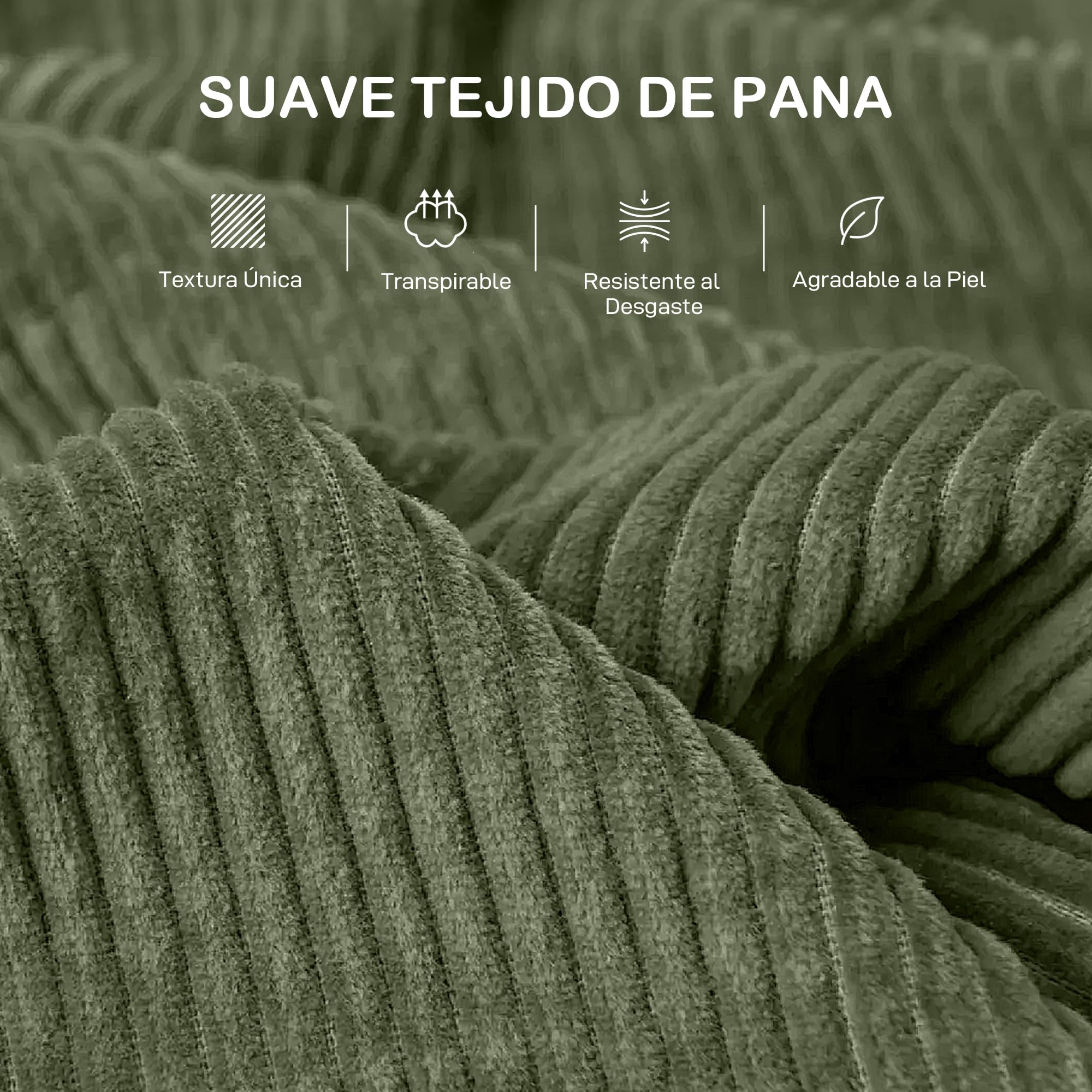 HOMCOM Sofá de 3 Plazas Sofá de Salón 212x80x88 cm Tapizado en Pana con 2 Almohadas Reposabrazos y Cojín de Muelles Diseño Moderno para Sala de Estar Dormitorio Verde
