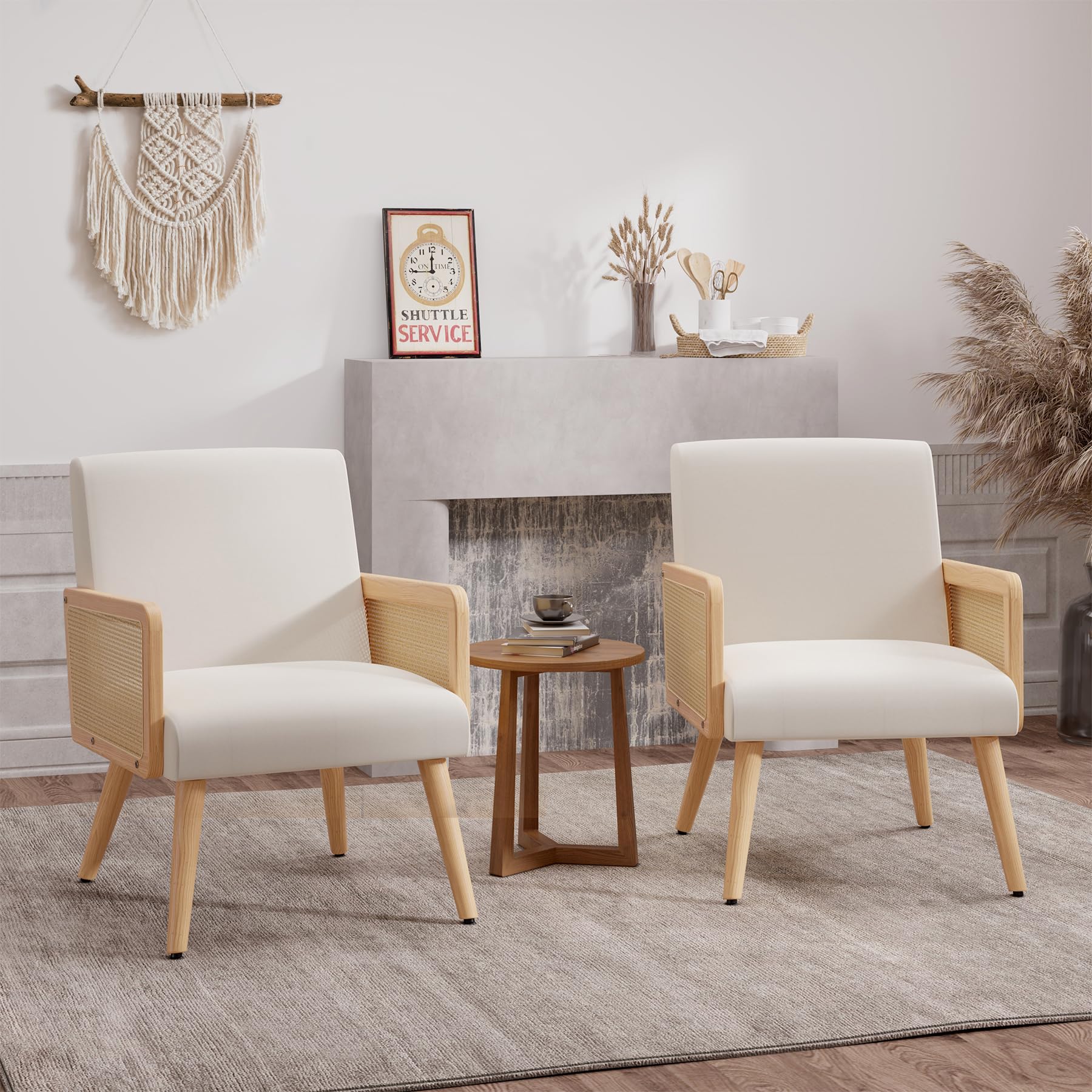 Nebuaegis Accent Chair with Rattan Arms Set of 2, Dining Chair with Wood Legs, Modern Armchair for Bedroom,Living Room and Kitchen, Lounge Chair