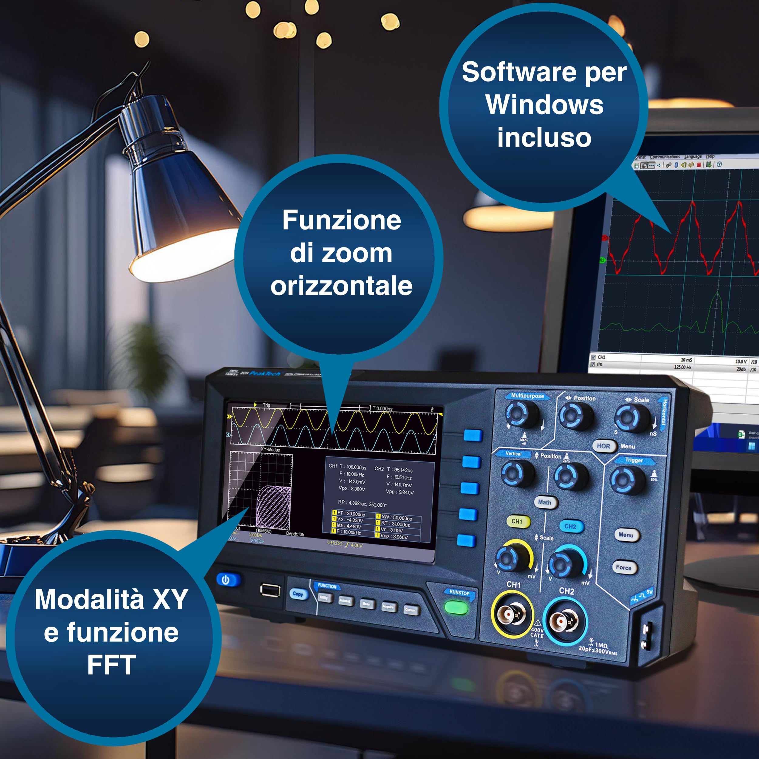 PeakTech 1404 - Oscilloscopio digitale a 2 canali [3 anni di garanzia] 100 MHz, 1GS/s, interfaccia USB, software per PC, oscilloscopio P 1404, nero, oscilloscopio USB, oscilloscopio multimetro