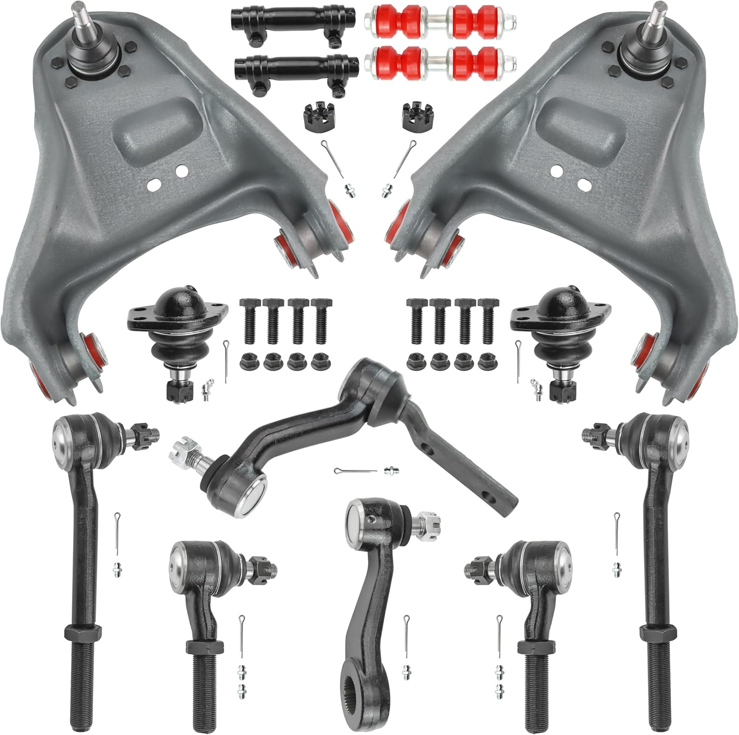 4WD Front End 14PC Suspension Kit for Chevy S10 Blazer GMC Sonoma Jimmy - With Upper Control Arms, Ball Joints, Tie Rods, Idler & Pitman Arm, Wrinkle Gray