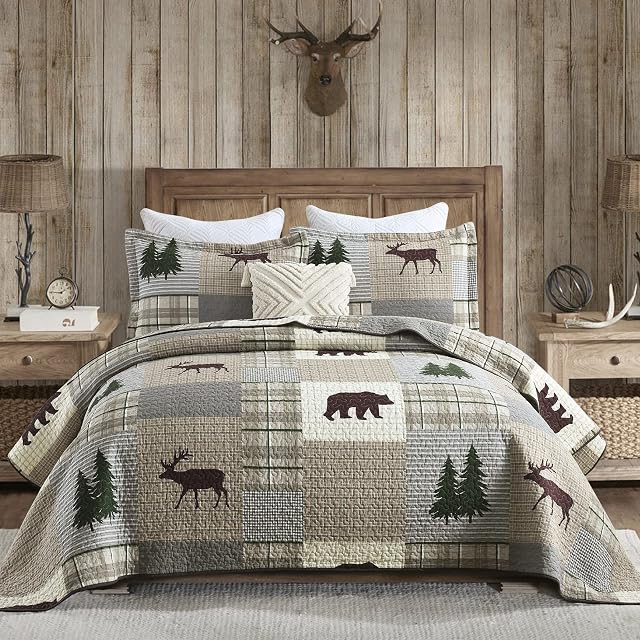 PERHOM Quilt Queen Size - 100% Cotton Lightweight Cabin Plaid Queen Quilt Bedding Set, Forest Tree Brown Bear Deer Patchwork Reversible Bedspread/Comforter Set with 2 Pillow Shams, 3PCS