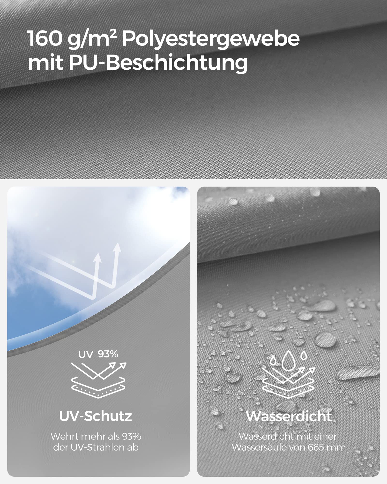 SONGMICS Sonnensegel 2 x 3 m, wasserfest mit Einer Wassersäule von 665 mm, Sonnenschutz aus reißfestem Polyester, UV-Schutz 93%, Terrasse, Garten, Balkon, rechteckig, 2 m Seile, hellgrau GSH23QY