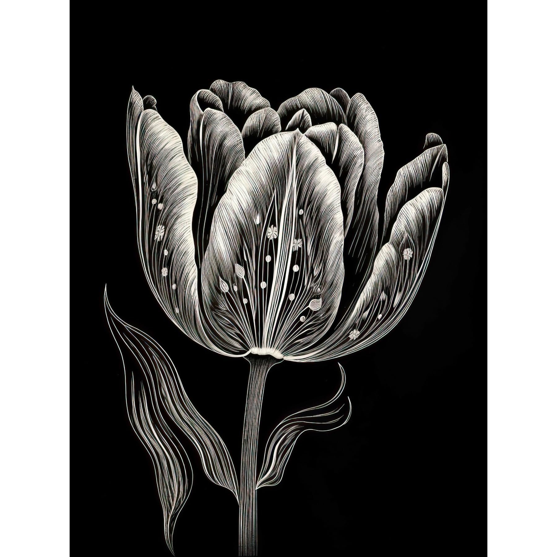 Artery8 Tulip Flower White on Black Blind Contour Folk Art Large Wall Art Poster Print Thick Paper 18X24 Inch