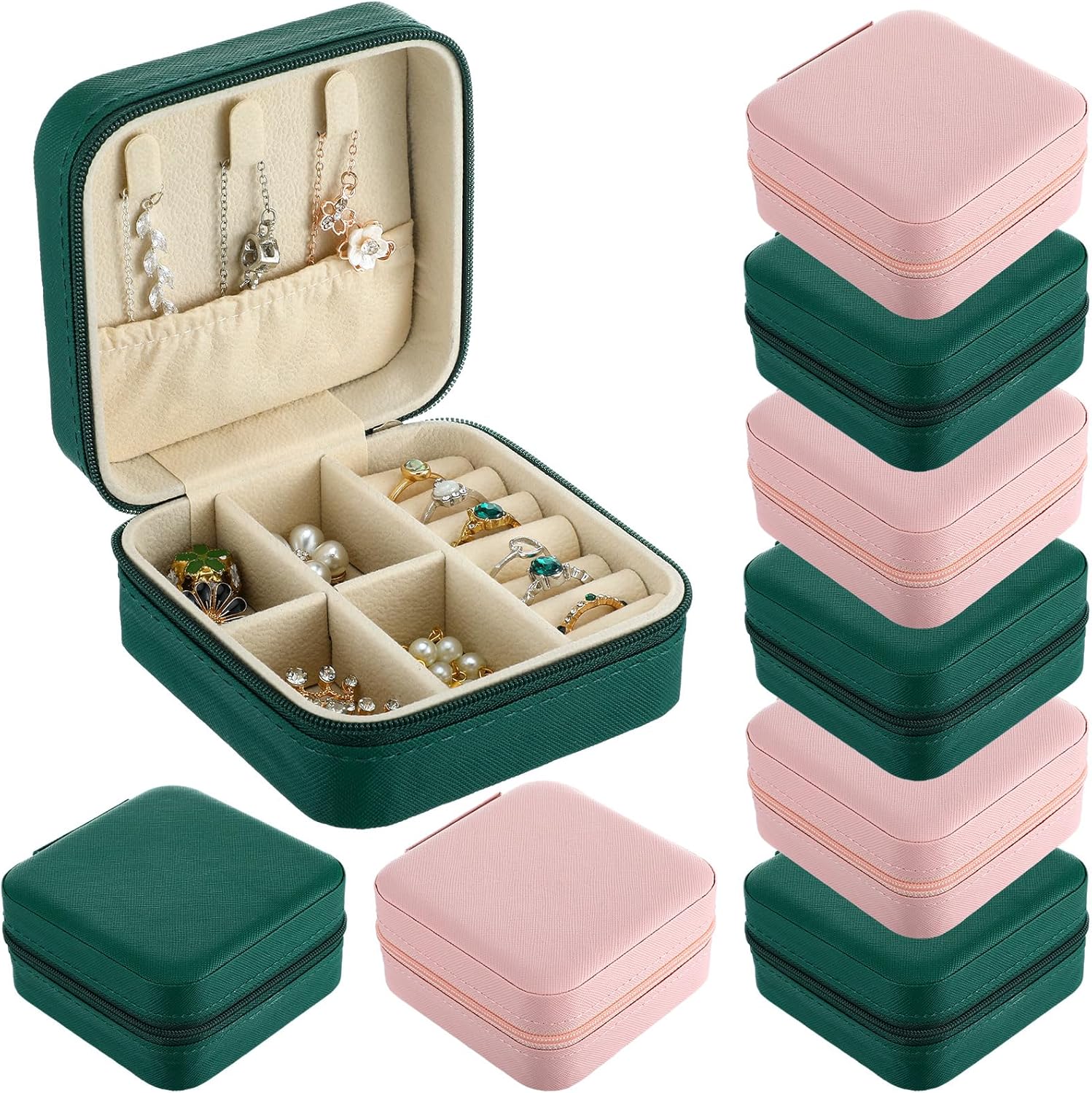 Beeveer 8 Pack Witch Party Favors Pink and Green Jewelry Cases Witch Theme Party Leather Portable Earring Storage Box Small Jewelry Travel Organizer for Princess Women Mom Bride Gifts